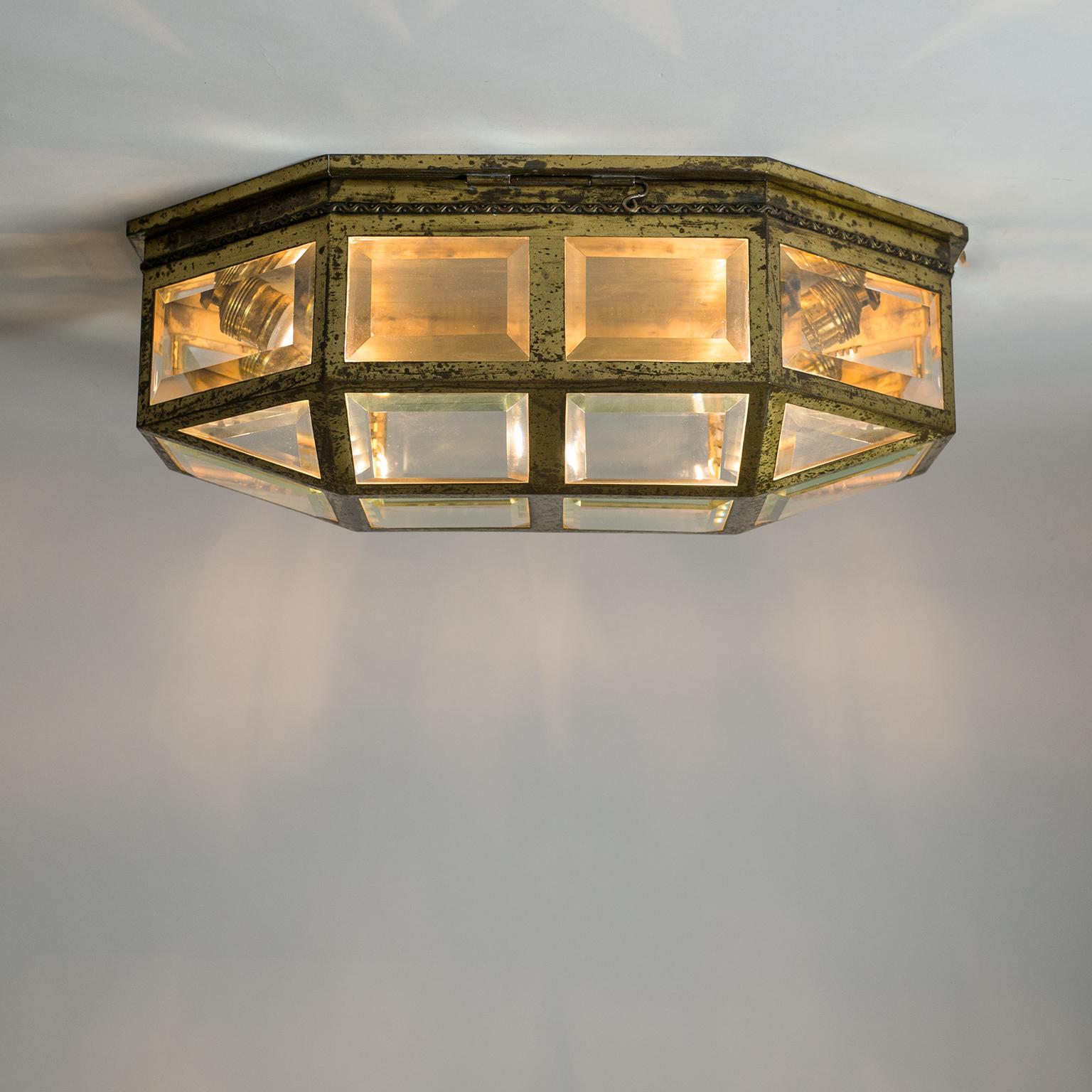 Early 20th Century Large Art Deco Brass and Faceted Glass Flush Mount, circa 1910