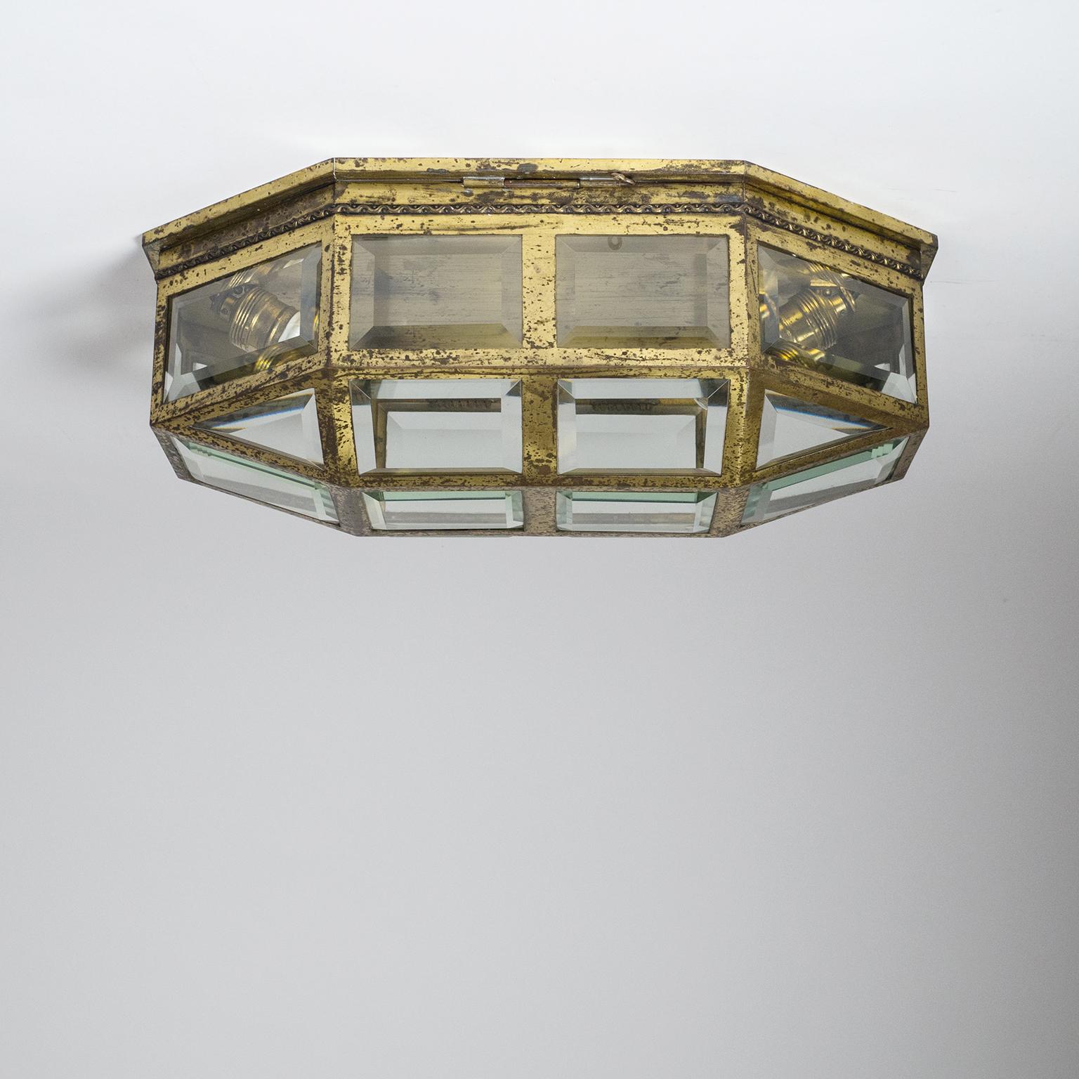 Large Art Deco Brass and Faceted Glass Flush Mount, circa 1910 1