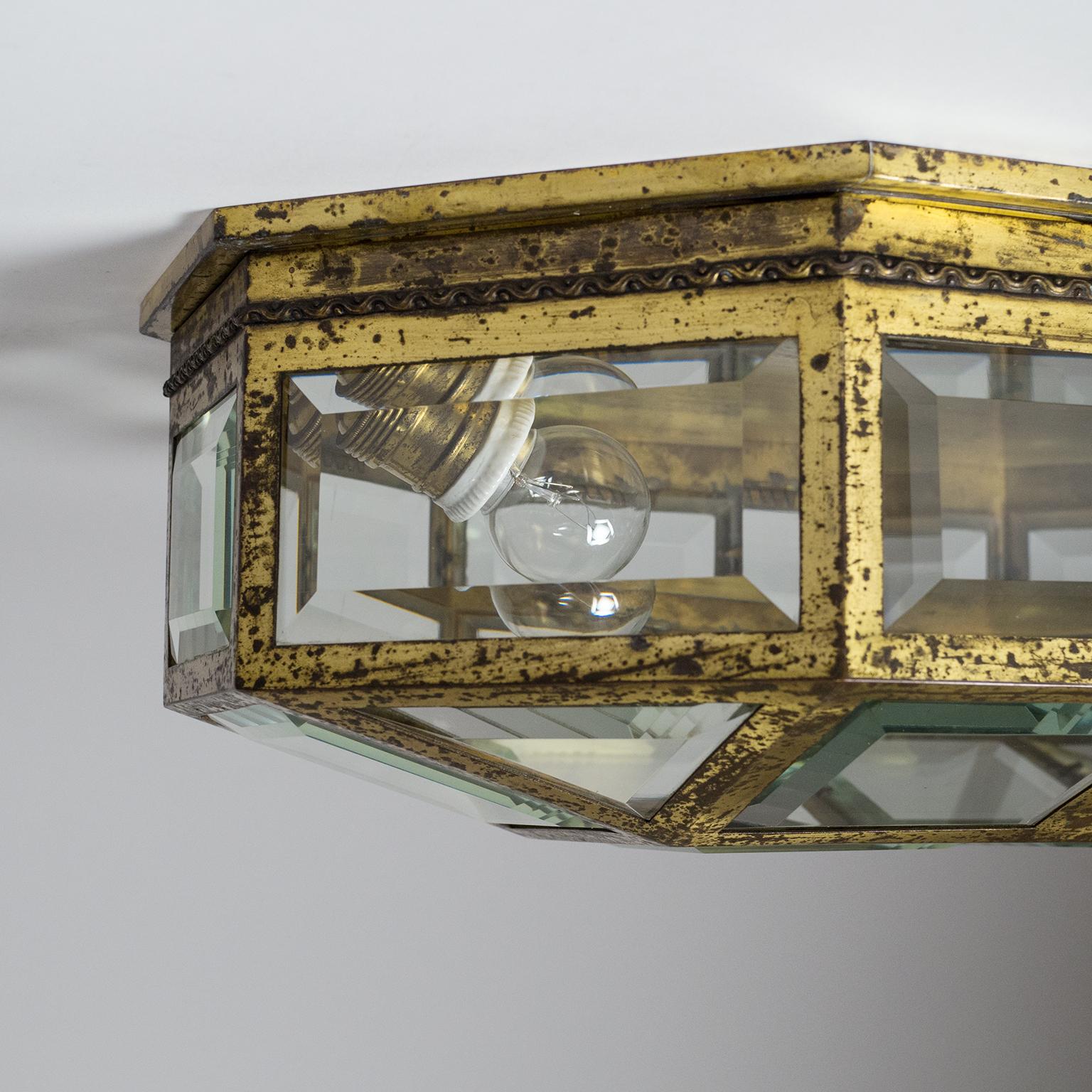 Large Art Deco Brass and Faceted Glass Flush Mount, circa 1910 2