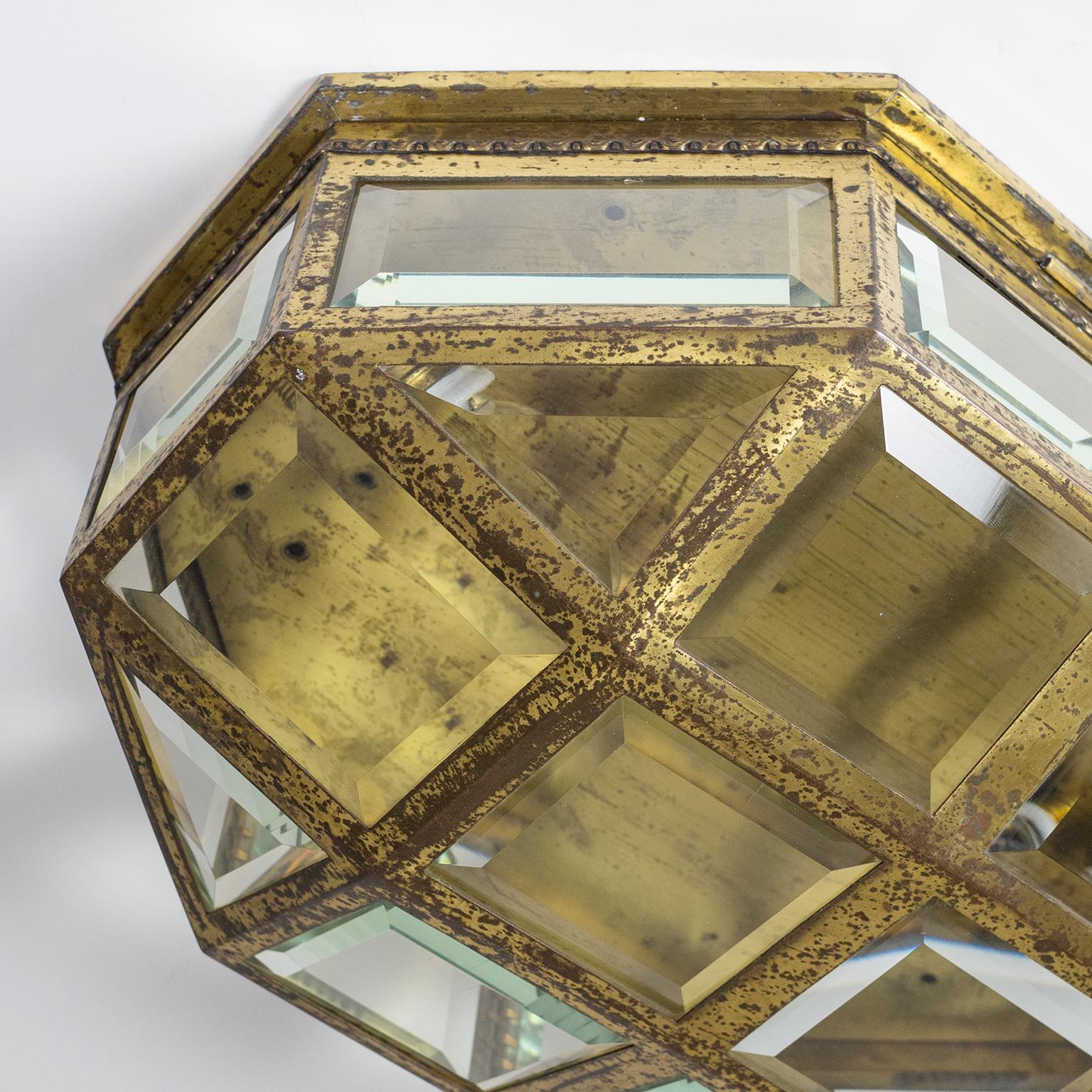 Large Art Deco Brass and Faceted Glass Flush Mount, circa 1910 3