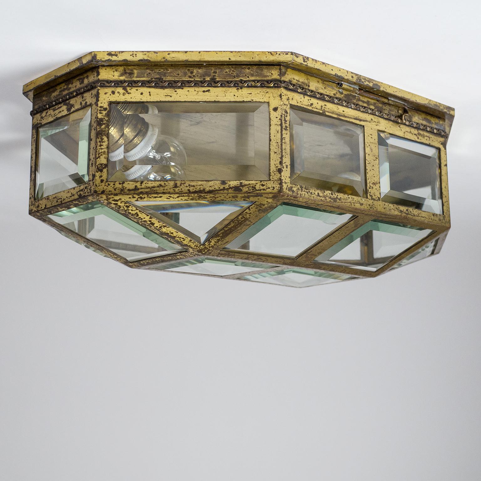 Large Art Deco Brass and Faceted Glass Flush Mount, circa 1910 4