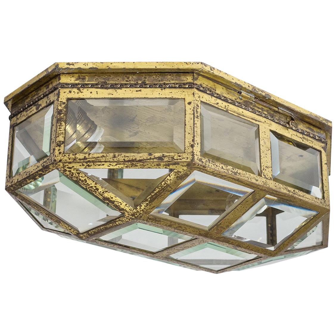 Large Art Deco Brass and Faceted Glass Flush Mount, circa 1910
