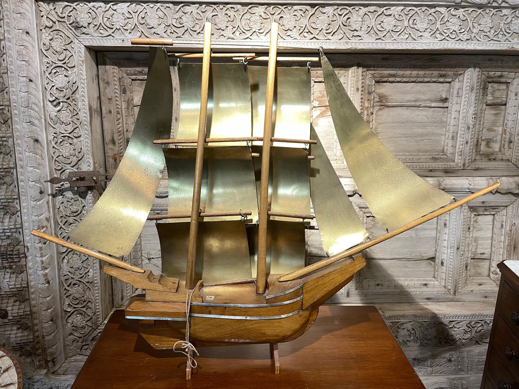 Large Art Deco Brass and Wood Sailing Boat 2