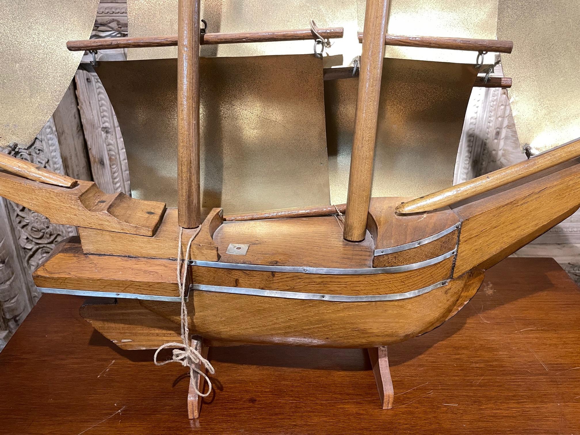 Large Art Deco Brass and Wood Sailing Boat 3