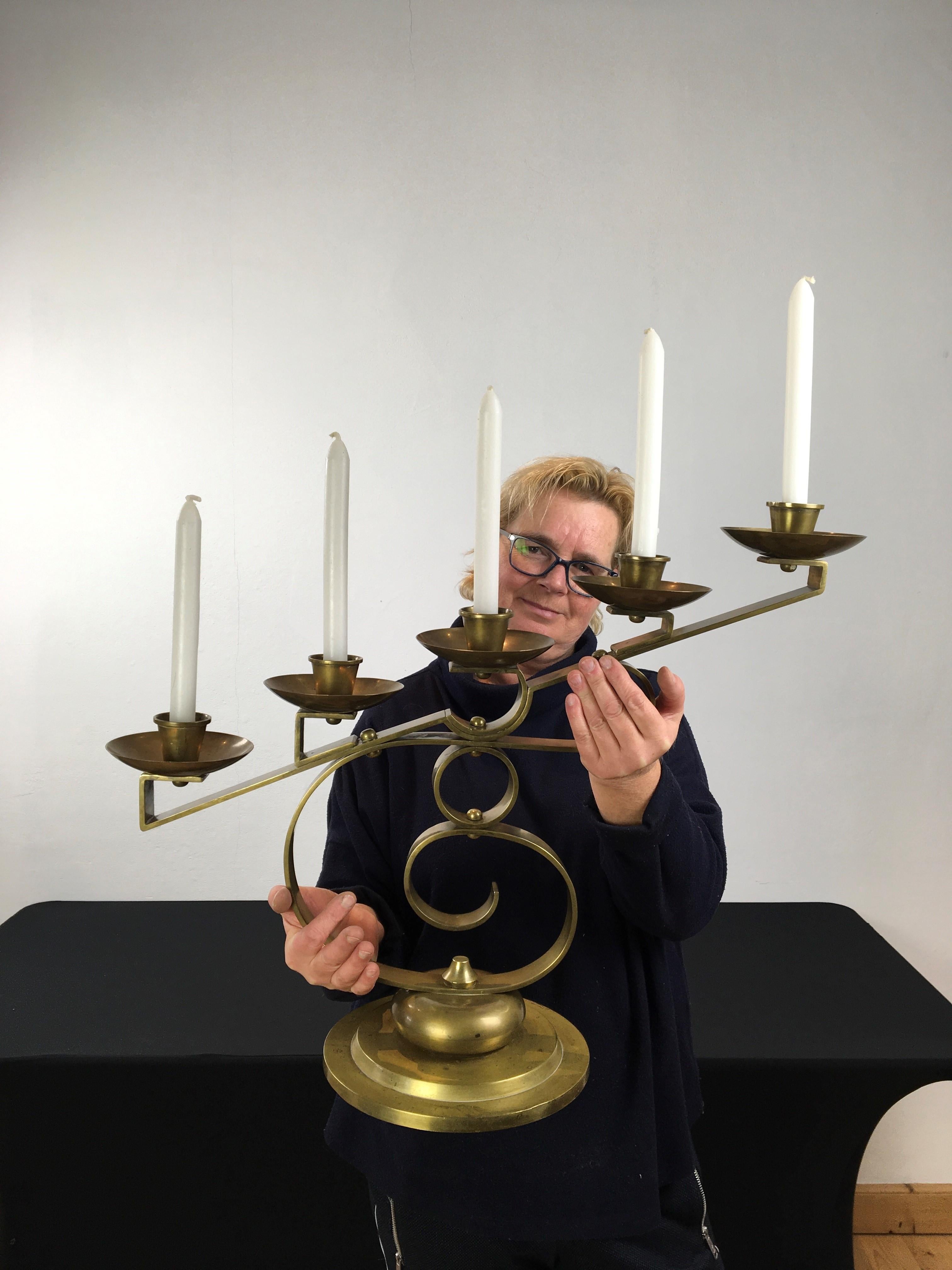Large 5-armed Art Deco brass candle holder. 
A copper candleholder or candelabra for 5 candles 
which will look great on your table, sideboard or console - console table 
during the year or with the holidays at Christmas and New Year.

Beautiful and
