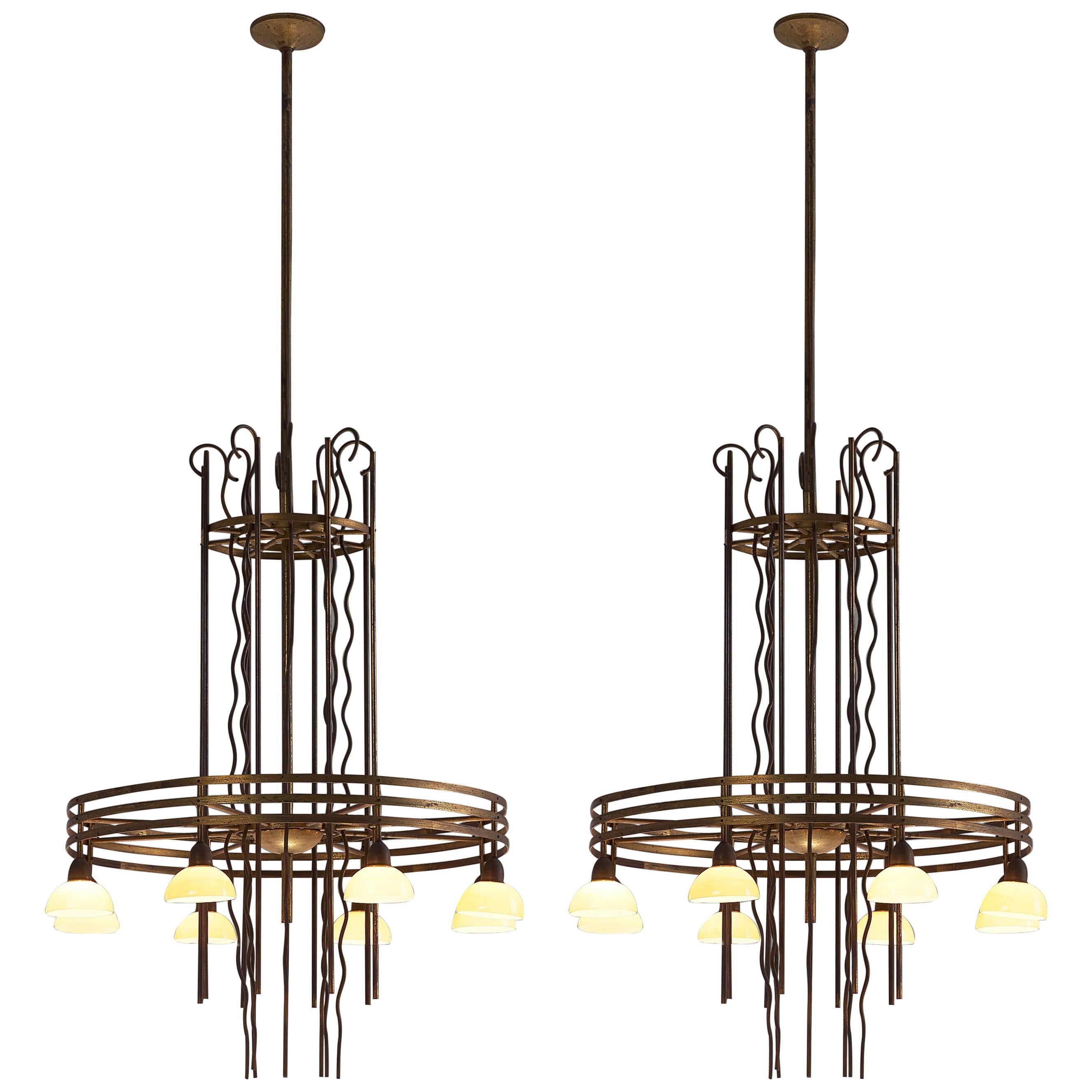 Large Art Deco Brass Chandelier Designed in Sweden, 1930s