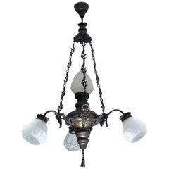 Large Art Deco Brass Four-Light Chandelier Frosted Glass Globes, circa 1940