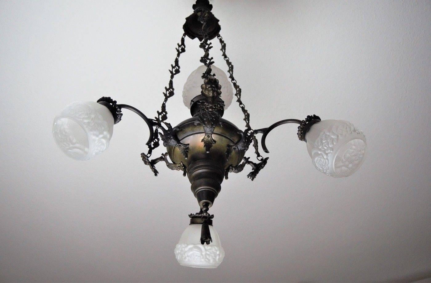 20th Century Large Art Deco Brass Four-Light Chandelier Frosted Glass Globes, circa 1940