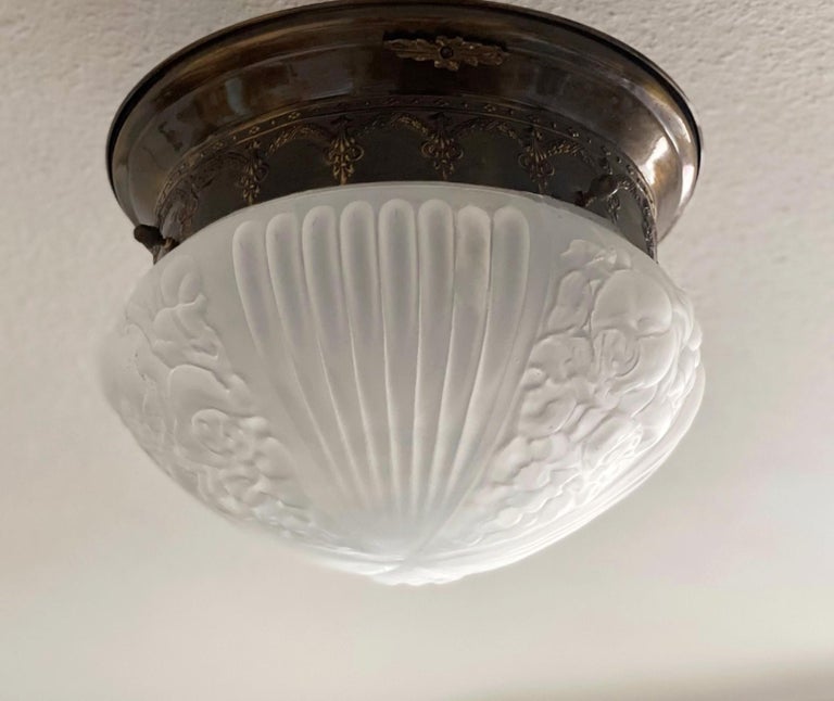 Large Art Deco Brass Frosted High Relief Glass Two-Light Flush Mount ...
