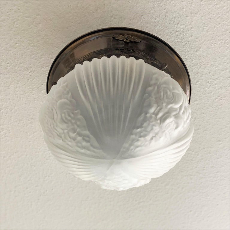 Large Art Deco Brass Frosted High Relief Glass Two-Light Flush Mount ...