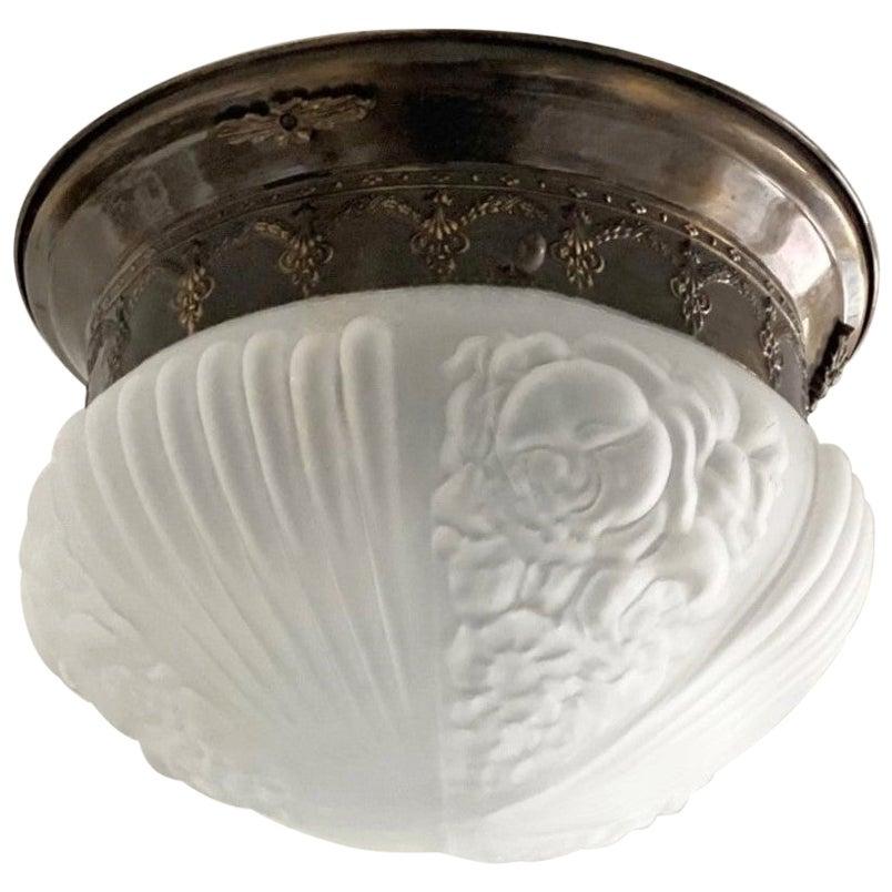 Large Art Deco Brass Frosted High Relief Glass Two-Light Flush Mount For Sale