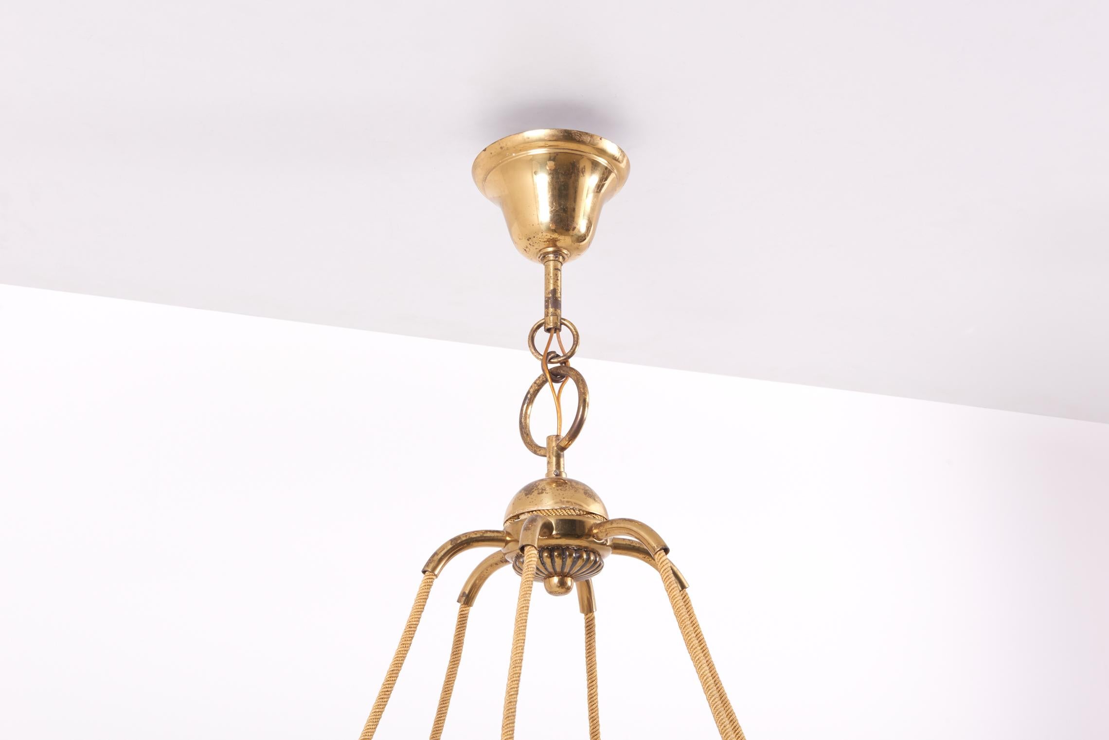 Mid-20th Century Large Art Deco Brass Wave-Ring Chandelier by Hugo Gorge, Austria, 1930s