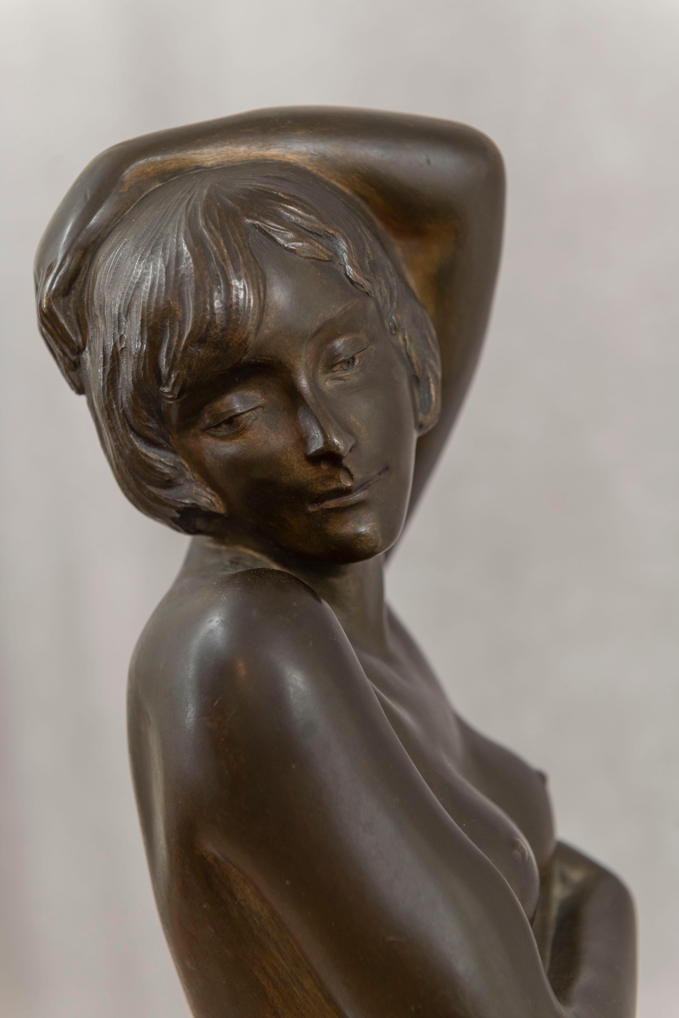 Large Art Deco Bronze Figure of a Nude Woman on Marble Base, Ca. 1920 For Sale 8