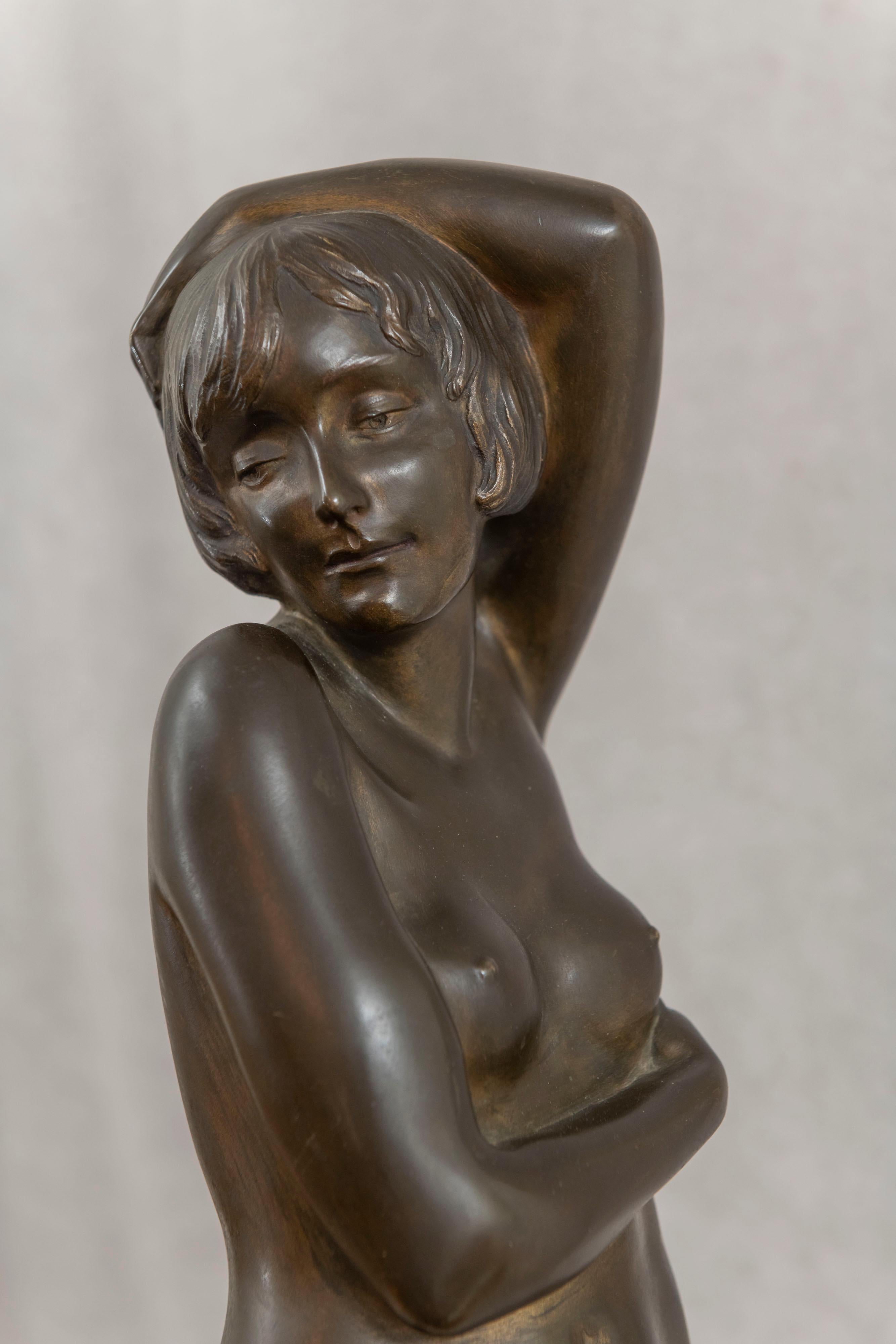 French Large Art Deco Bronze Figure of a Nude Woman on Marble Base, Ca. 1920 For Sale