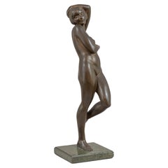 Grande figura di donna nuda in bronzo Art Déco su base di marmo, ca. 1920