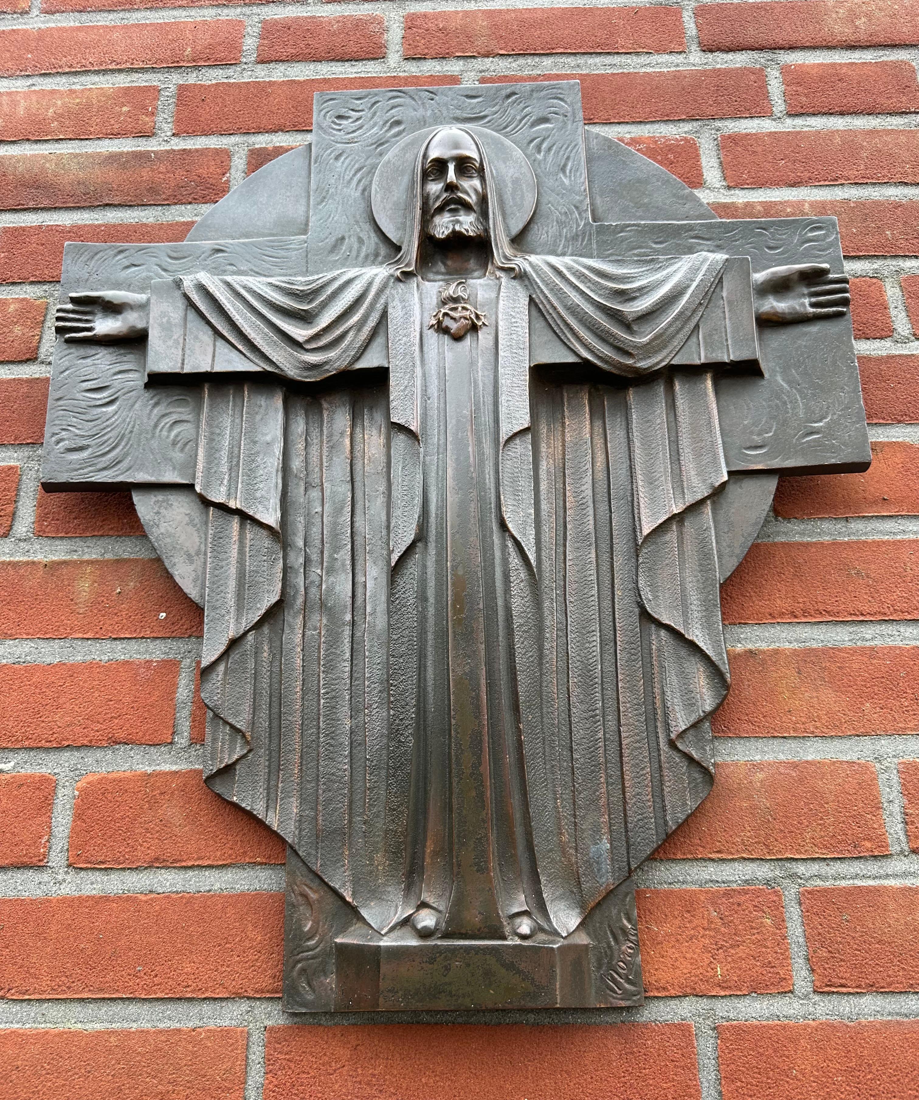 Large Art Deco Bronze Holy Heart Sculpture Wall Plaque by Sculptor Sylvain Norga In Excellent Condition For Sale In Lisse, NL