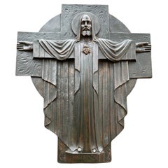 Antique Large Art Deco Bronze Holy Heart Sculpture Wall Plaque by Sculptor Sylvain Norga