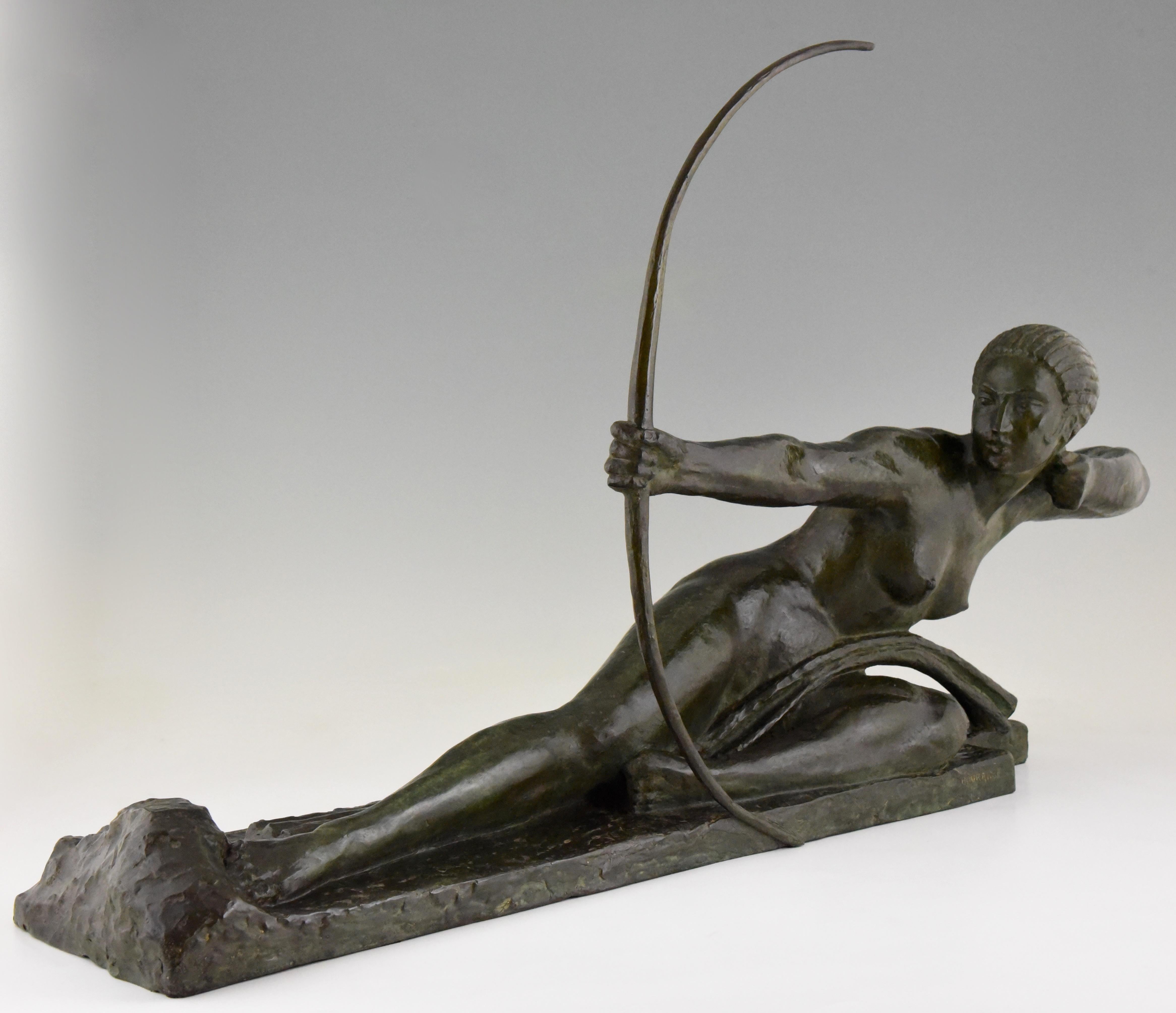 French Art Deco Bronze Sculpture Nude with Bow Penthesilia by Bouraine, France, 1930