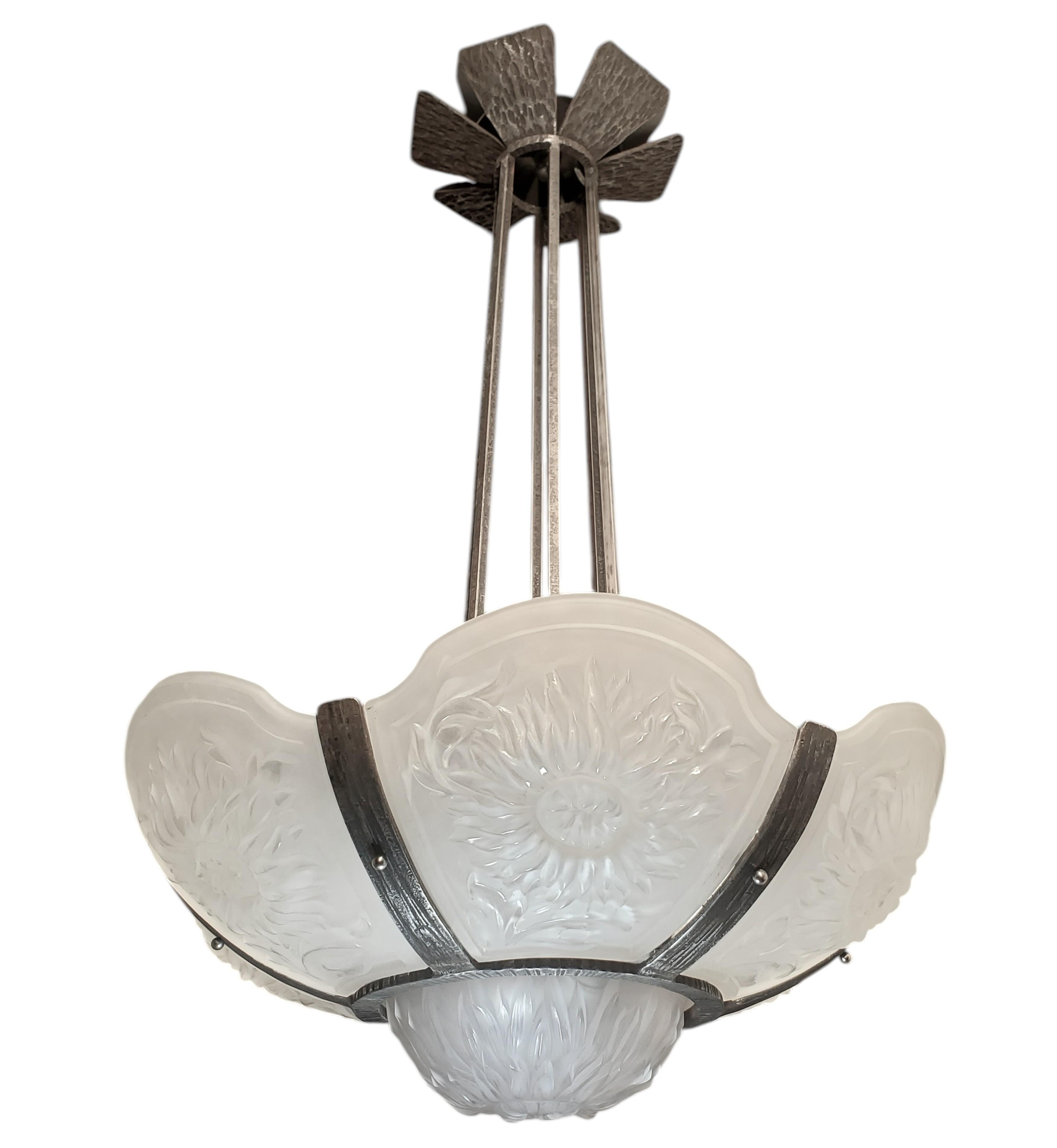 Large & Rare Art Deco  chrysanthemum chandelier in hammered iron pewtery frame For Sale 5