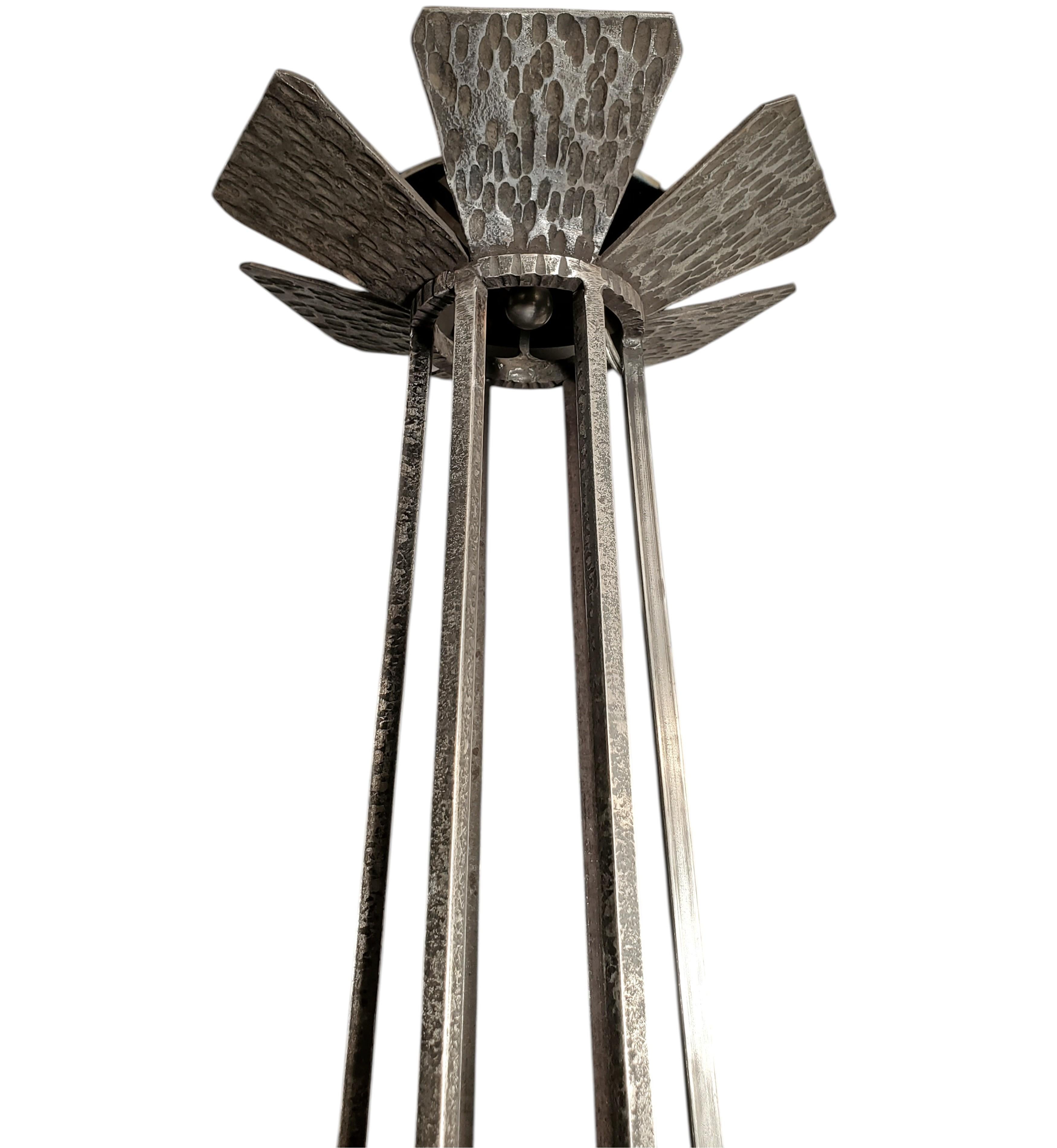 Large & Rare Art Deco  chrysanthemum chandelier in hammered iron pewtery frame For Sale 6