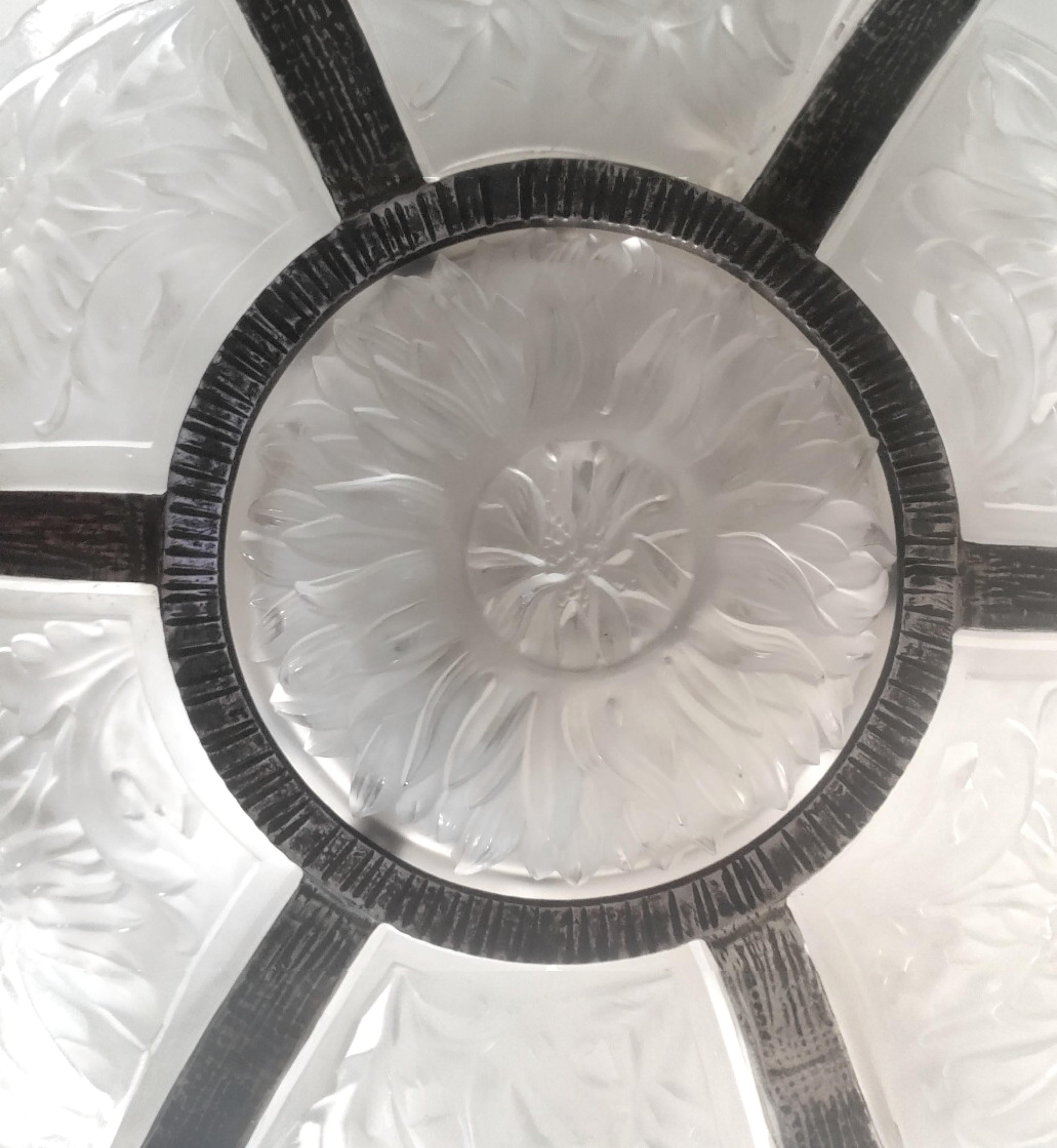 Large & Rare Art Deco  chrysanthemum chandelier in hammered iron pewtery frame For Sale 7