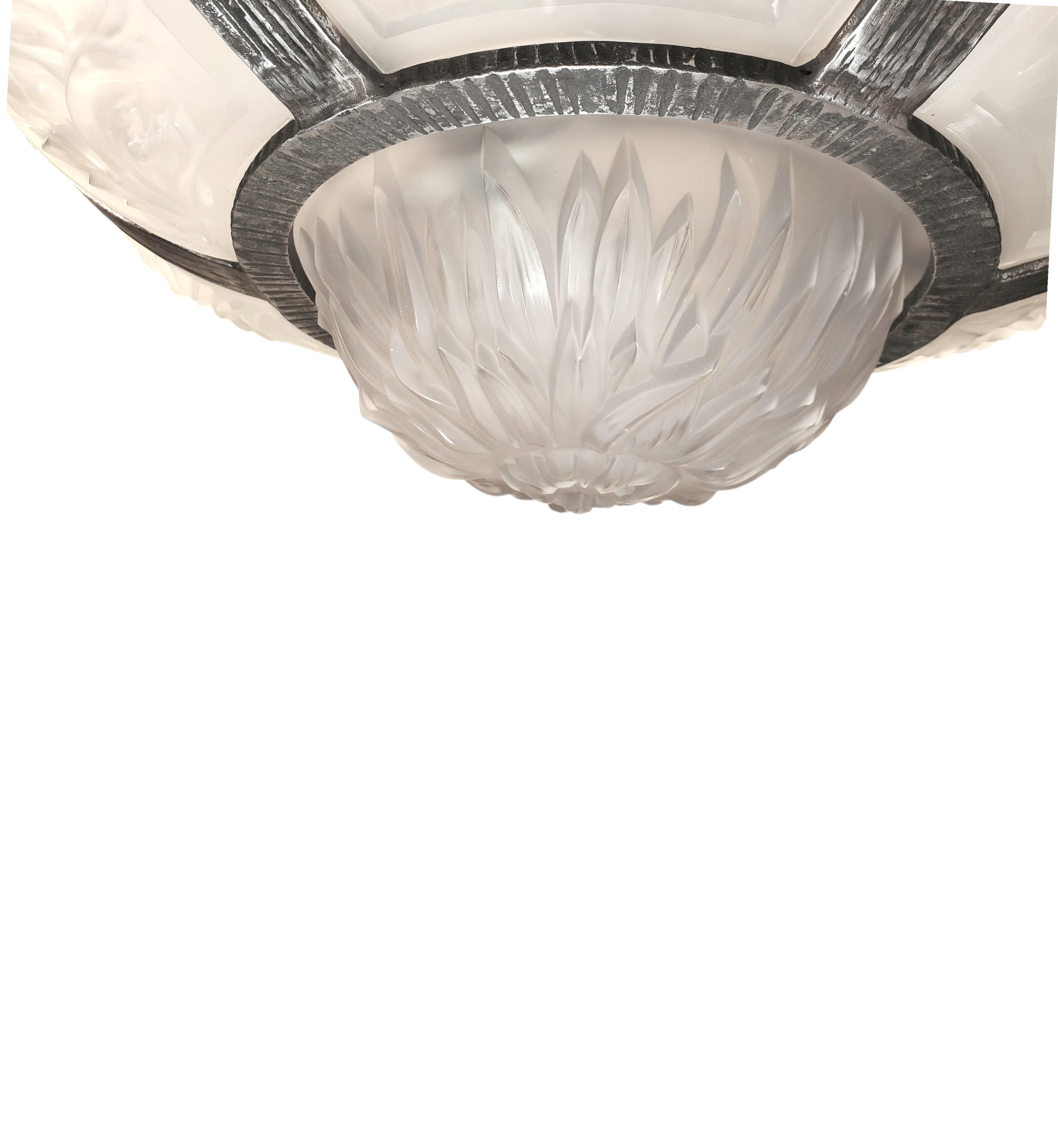 Large & Rare Art Deco  chrysanthemum chandelier in hammered iron pewtery frame For Sale 8