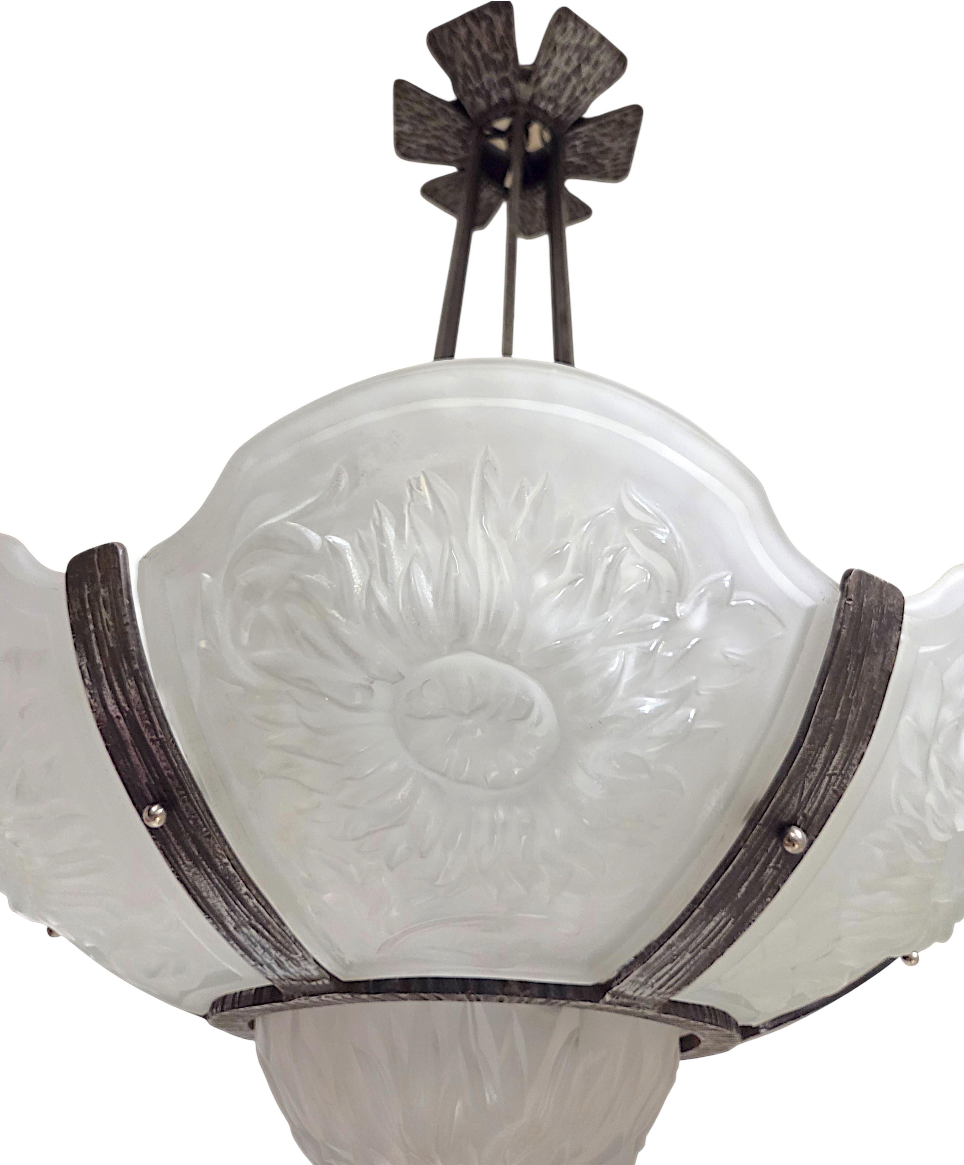 Large & Rare Art Deco  chrysanthemum chandelier in hammered iron pewtery frame For Sale 10