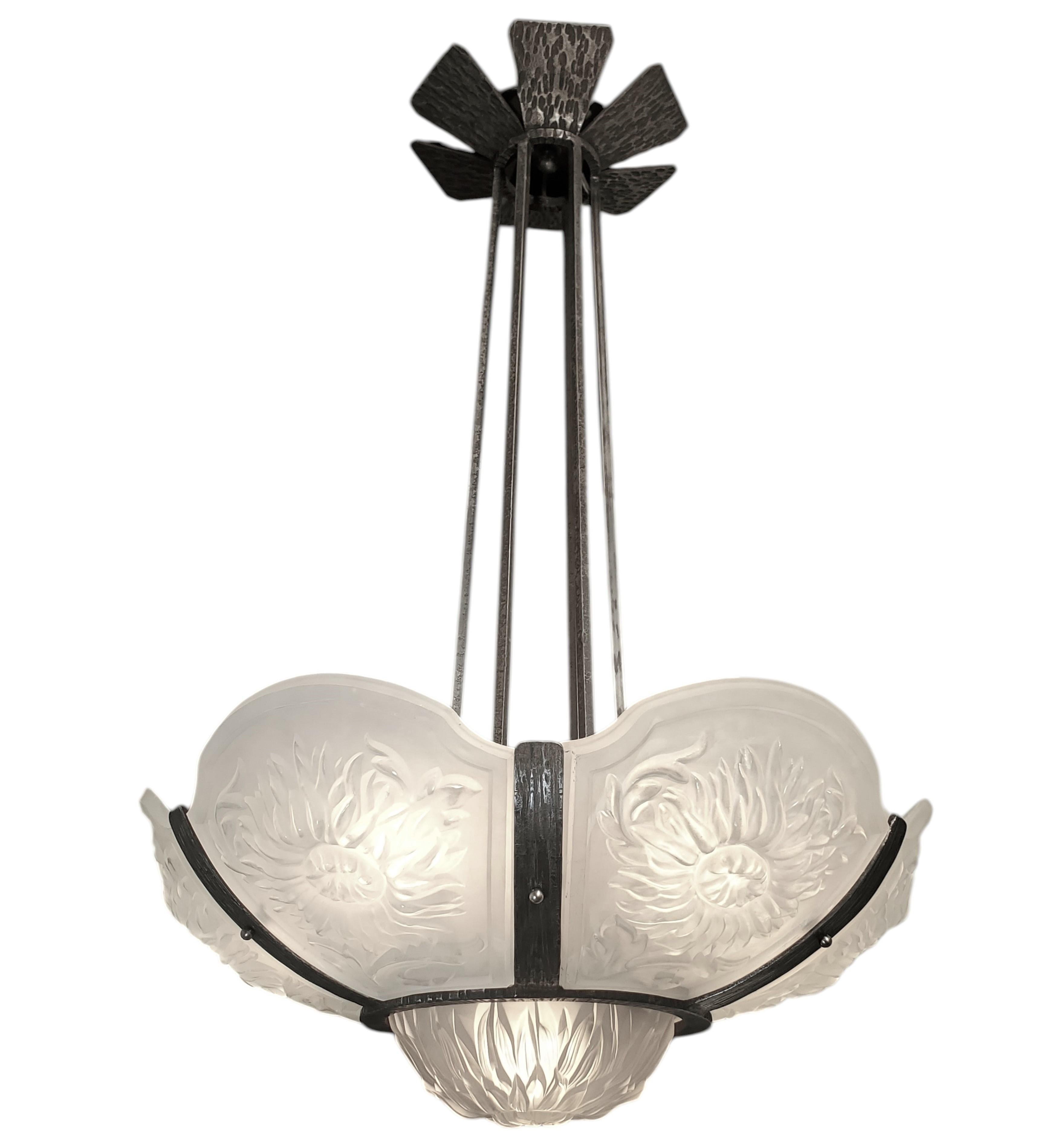 Large & Rare Art Deco  chrysanthemum chandelier in hammered iron pewtery frame For Sale 13