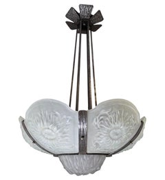 Large & Rare Art Deco  chrysanthemum chandelier in hammered iron pewtery frame