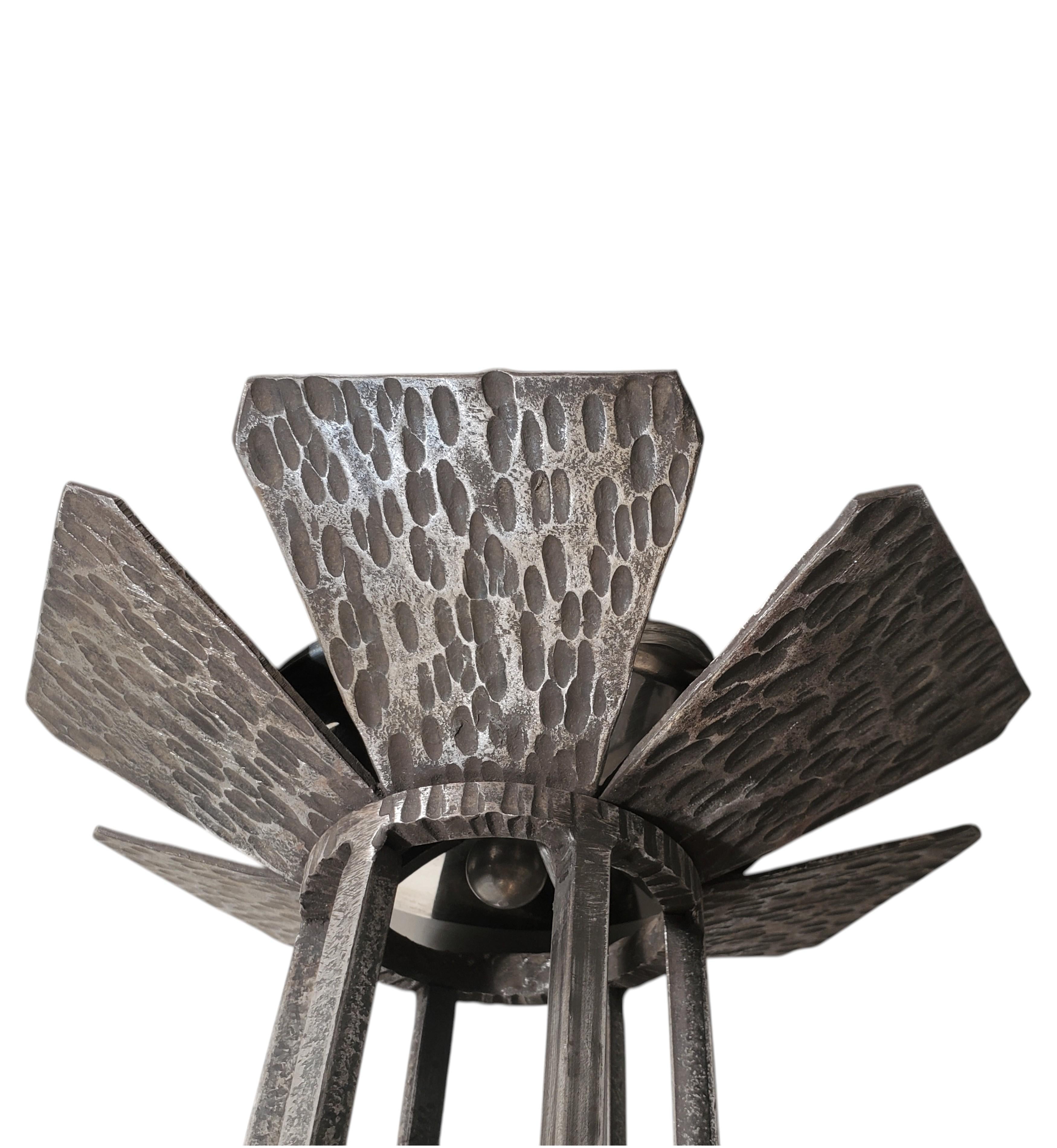 20th Century Large & Rare Art Deco  chrysanthemum chandelier in hammered iron pewtery frame For Sale