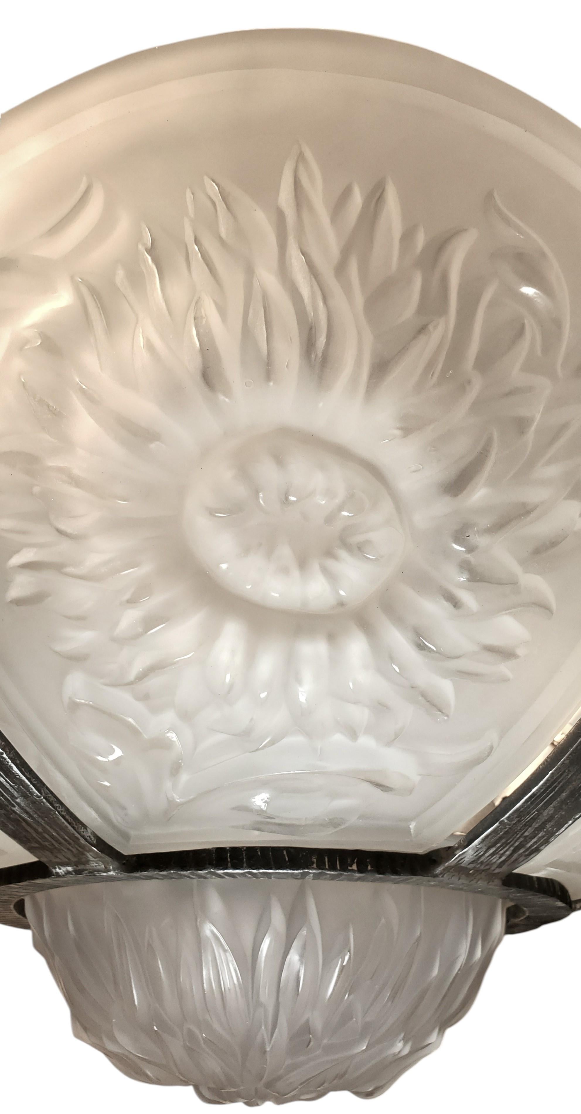 Large & Rare Art Deco  chrysanthemum chandelier in hammered iron pewtery frame For Sale 1