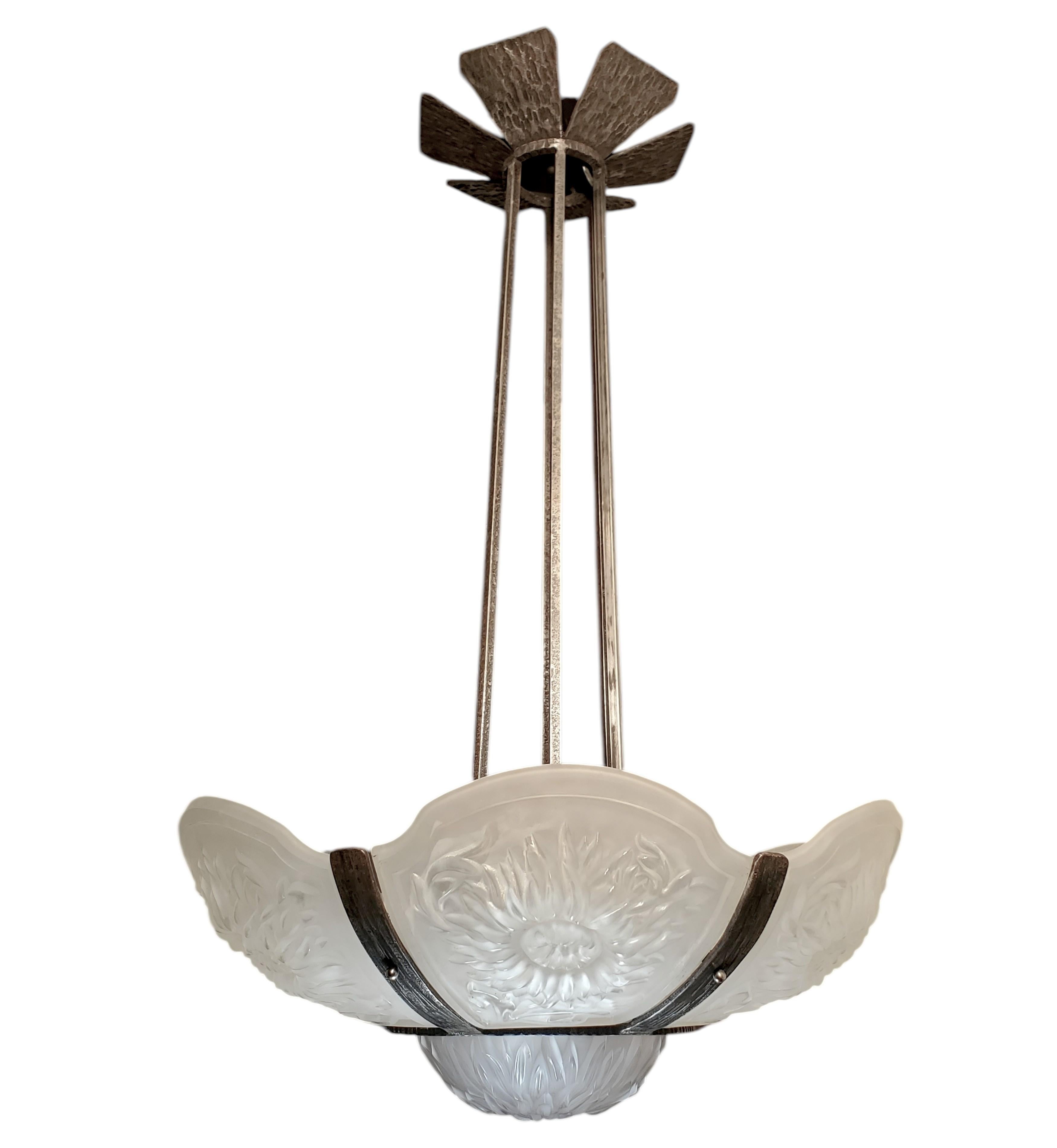 Large & Rare Art Deco  chrysanthemum chandelier in hammered iron pewtery frame For Sale 2