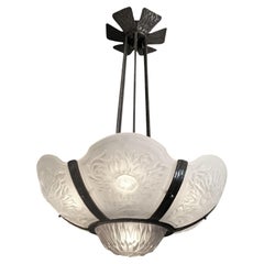 Large & Rare Art Deco  chrysanthemum chandelier in hammered iron pewtery frame