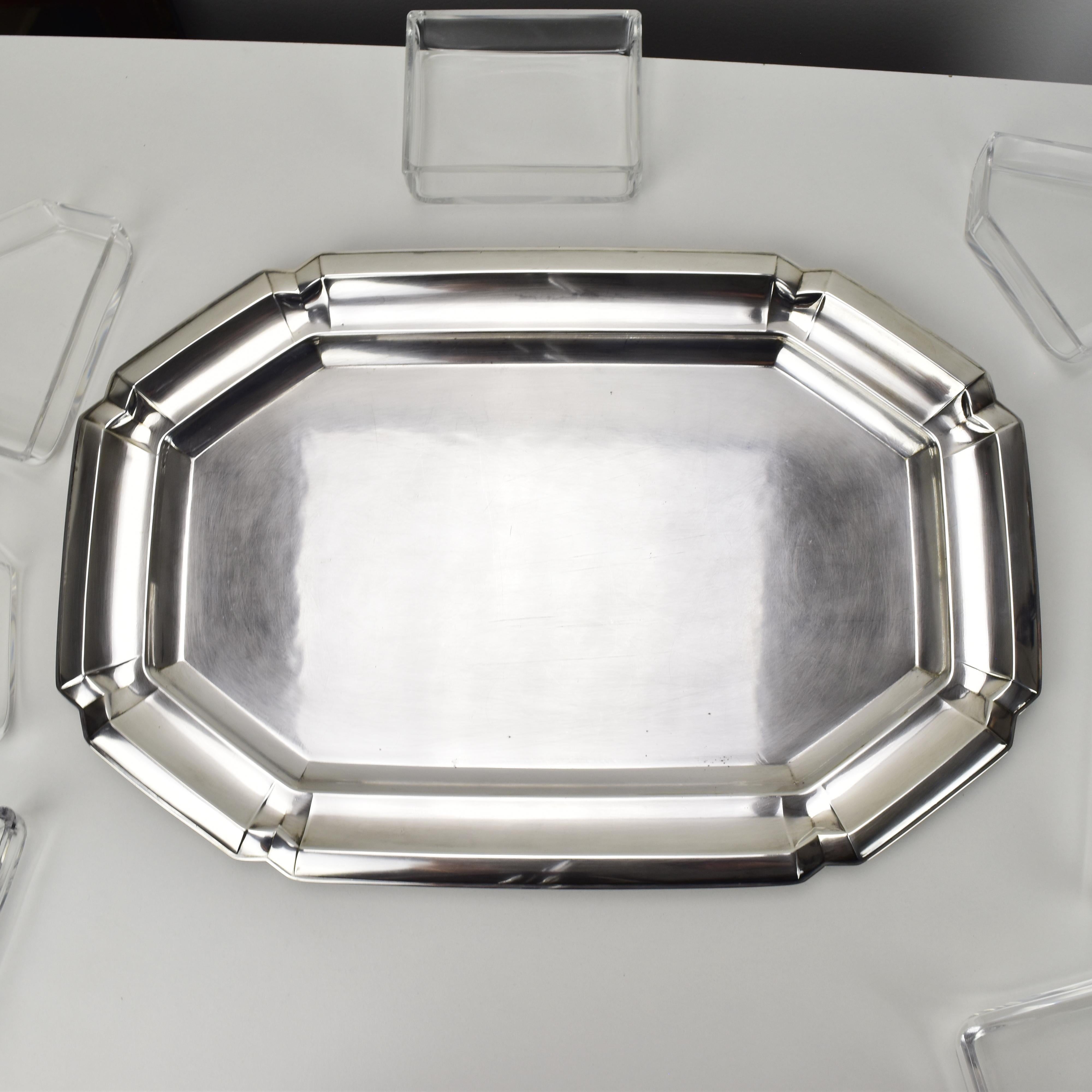 Large Art Deco Cabaret Bar Snack Tray by Quist Silverplate & Cut Crystal Liners For Sale 5