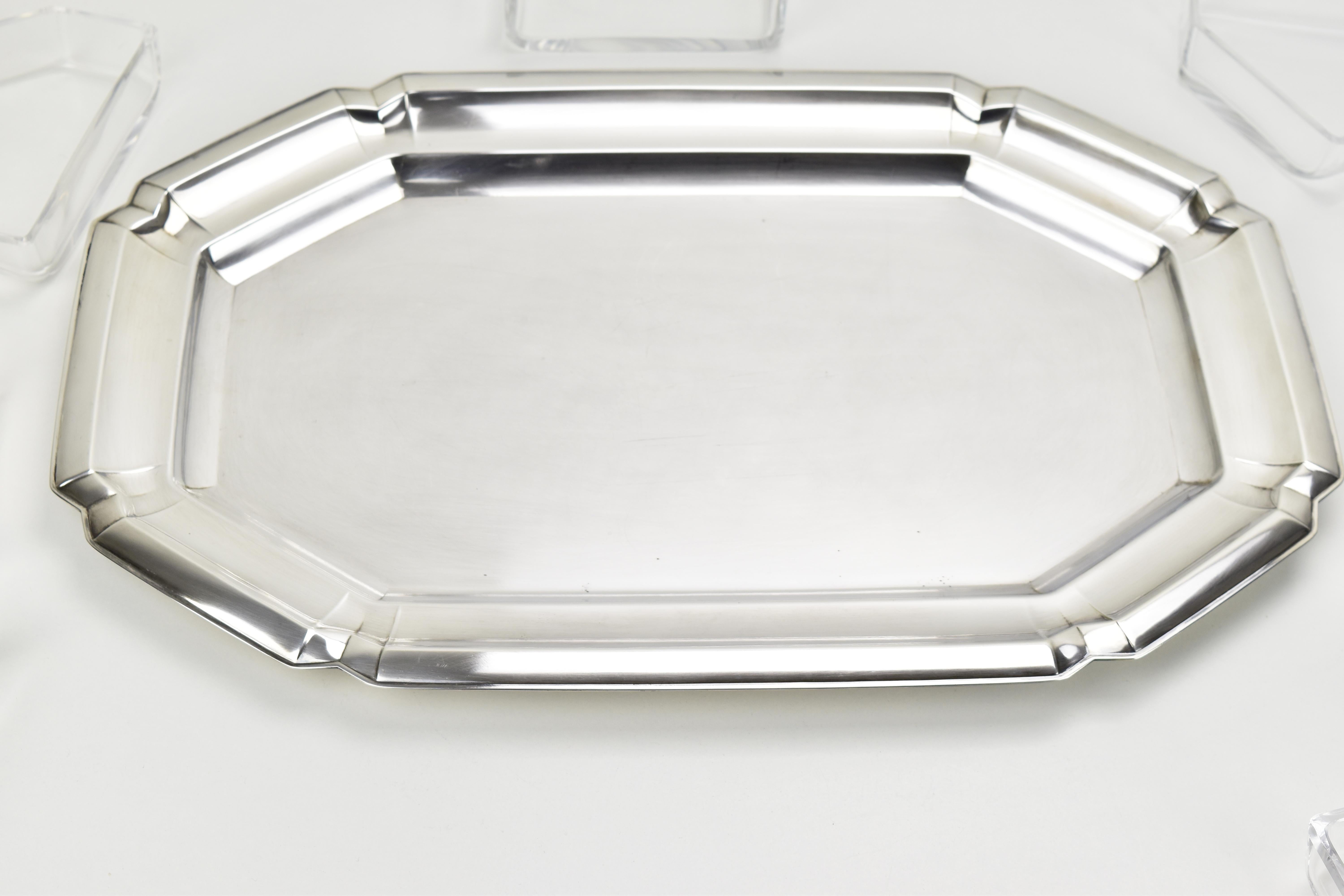 Large Art Deco Cabaret Bar Snack Tray by Quist Silverplate & Cut Crystal Liners For Sale 6