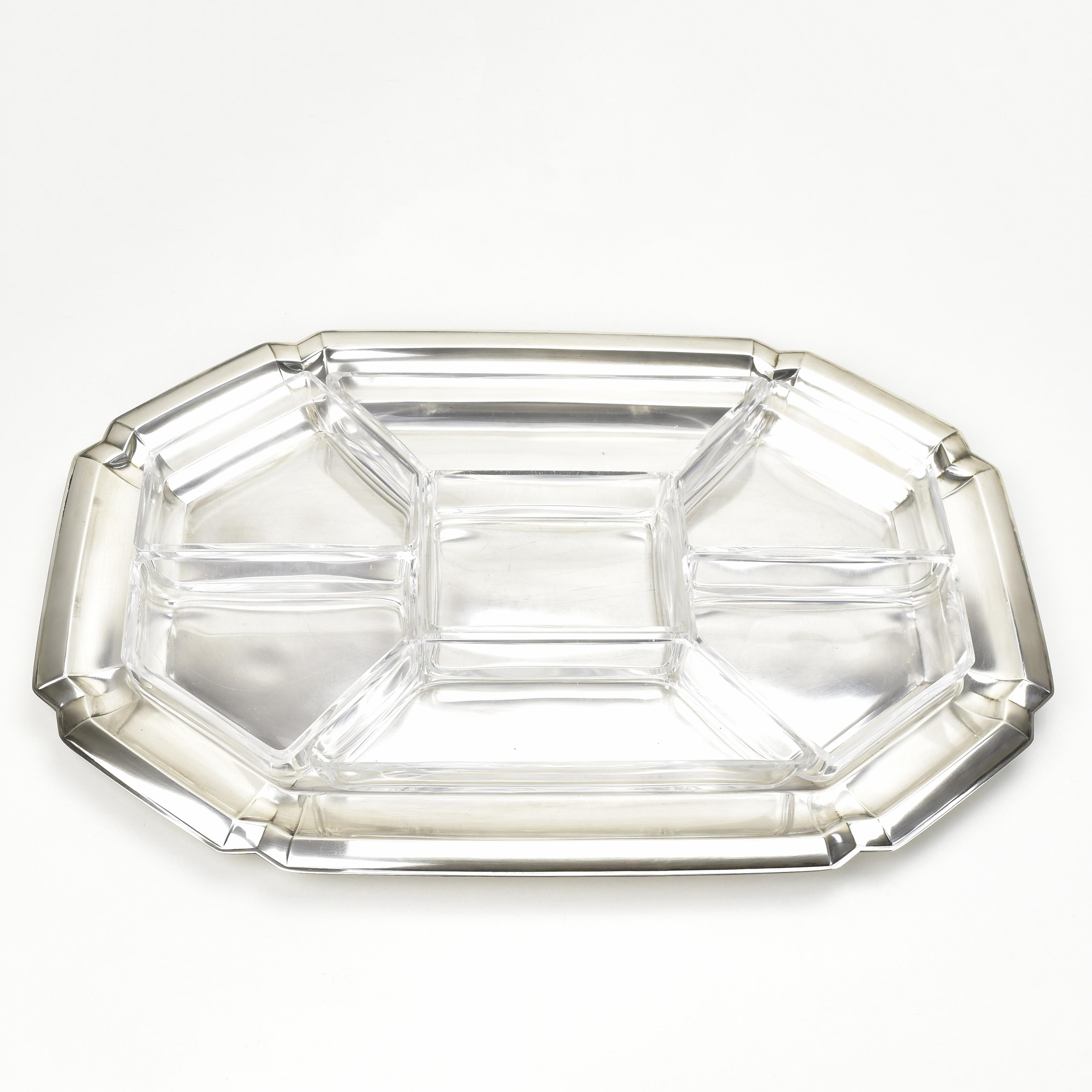 German Large Art Deco Cabaret Bar Snack Tray by Quist Silverplate & Cut Crystal Liners For Sale
