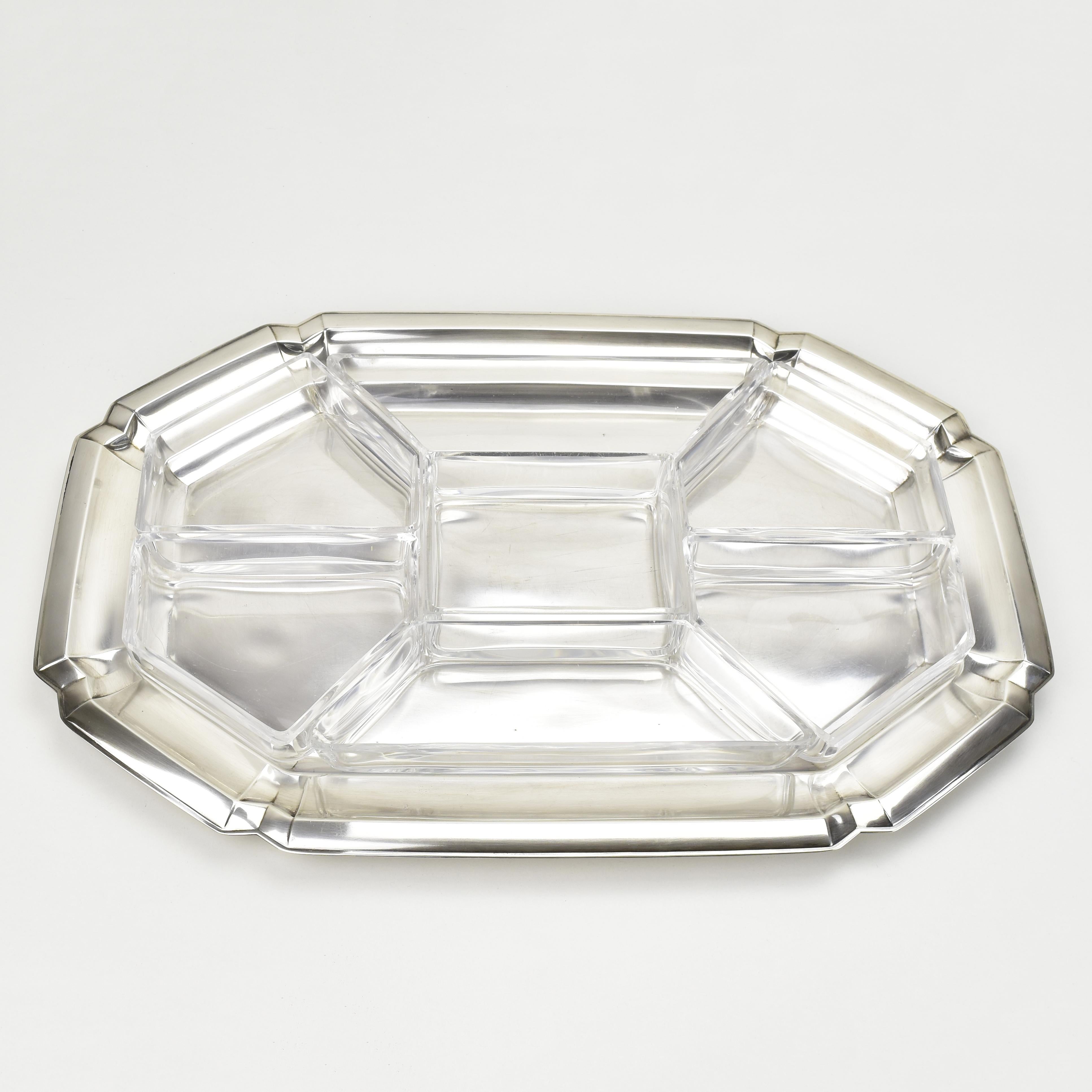 Hand-Crafted Large Art Deco Cabaret Bar Snack Tray by Quist Silverplate & Cut Crystal Liners For Sale