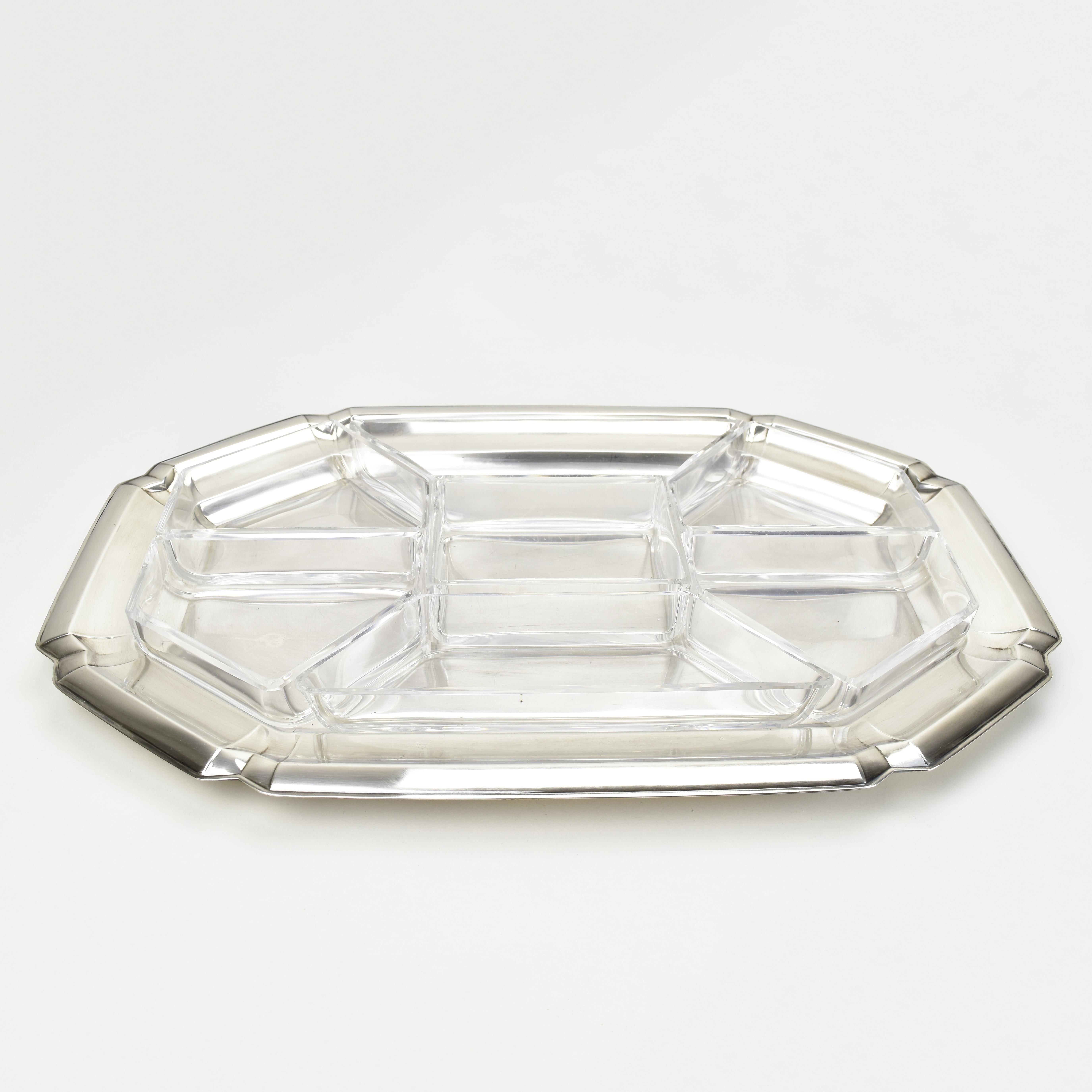Large Art Deco Cabaret Bar Snack Tray by Quist Silverplate & Cut Crystal Liners In Good Condition For Sale In Bad Säckingen, DE