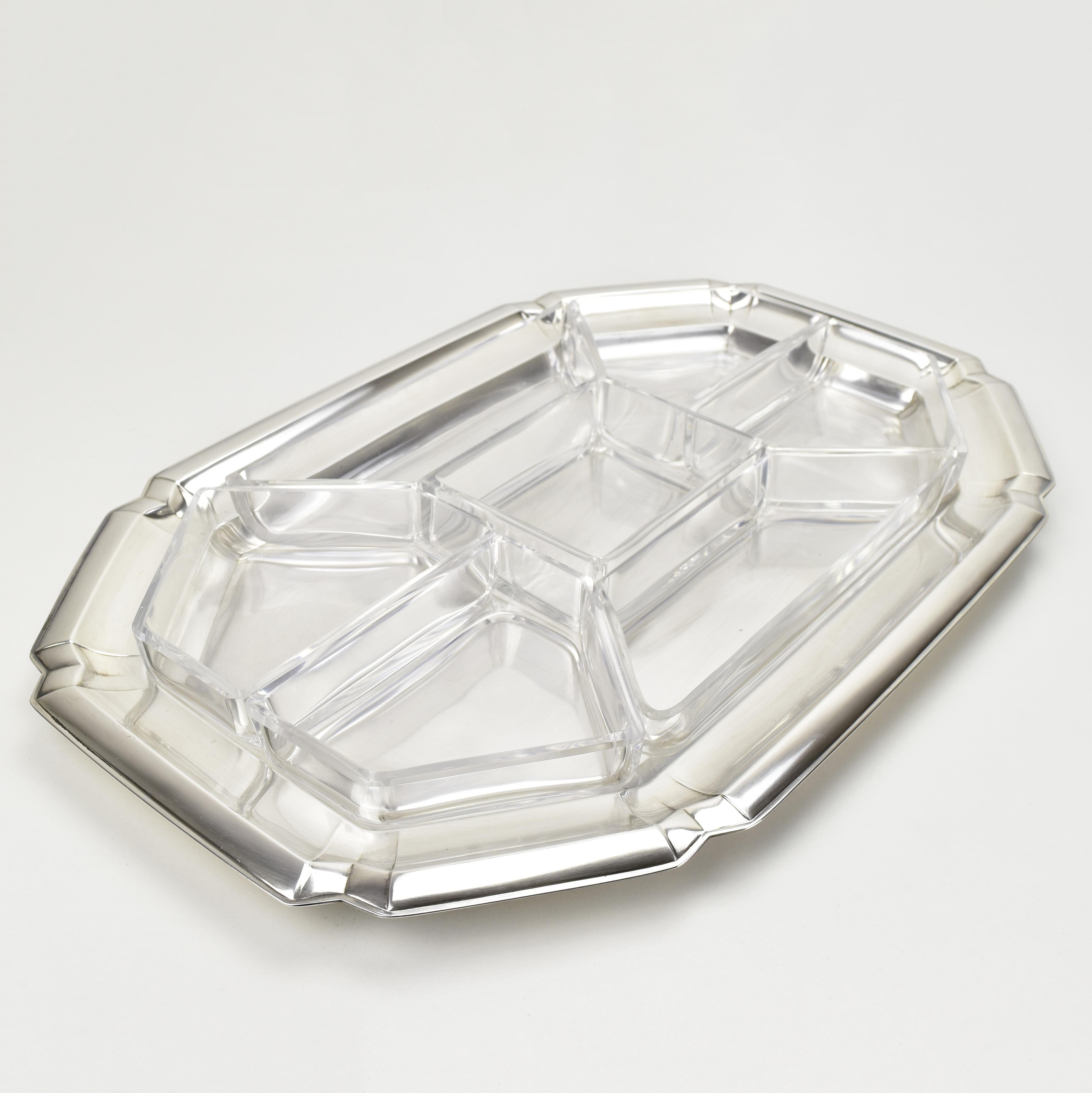 Early 20th Century Large Art Deco Cabaret Bar Snack Tray by Quist Silverplate & Cut Crystal Liners For Sale