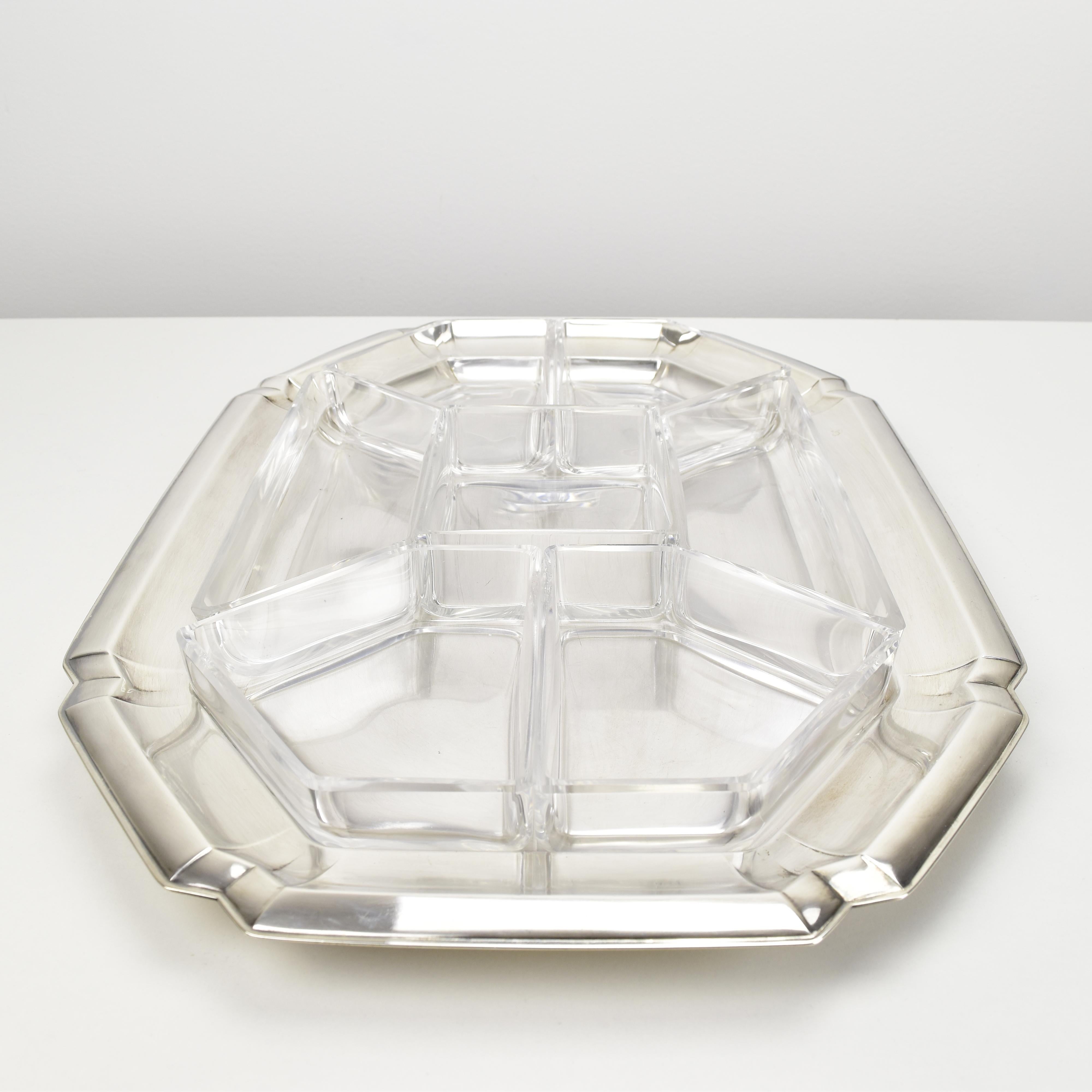 Silver Plate Large Art Deco Cabaret Bar Snack Tray by Quist Silverplate & Cut Crystal Liners For Sale