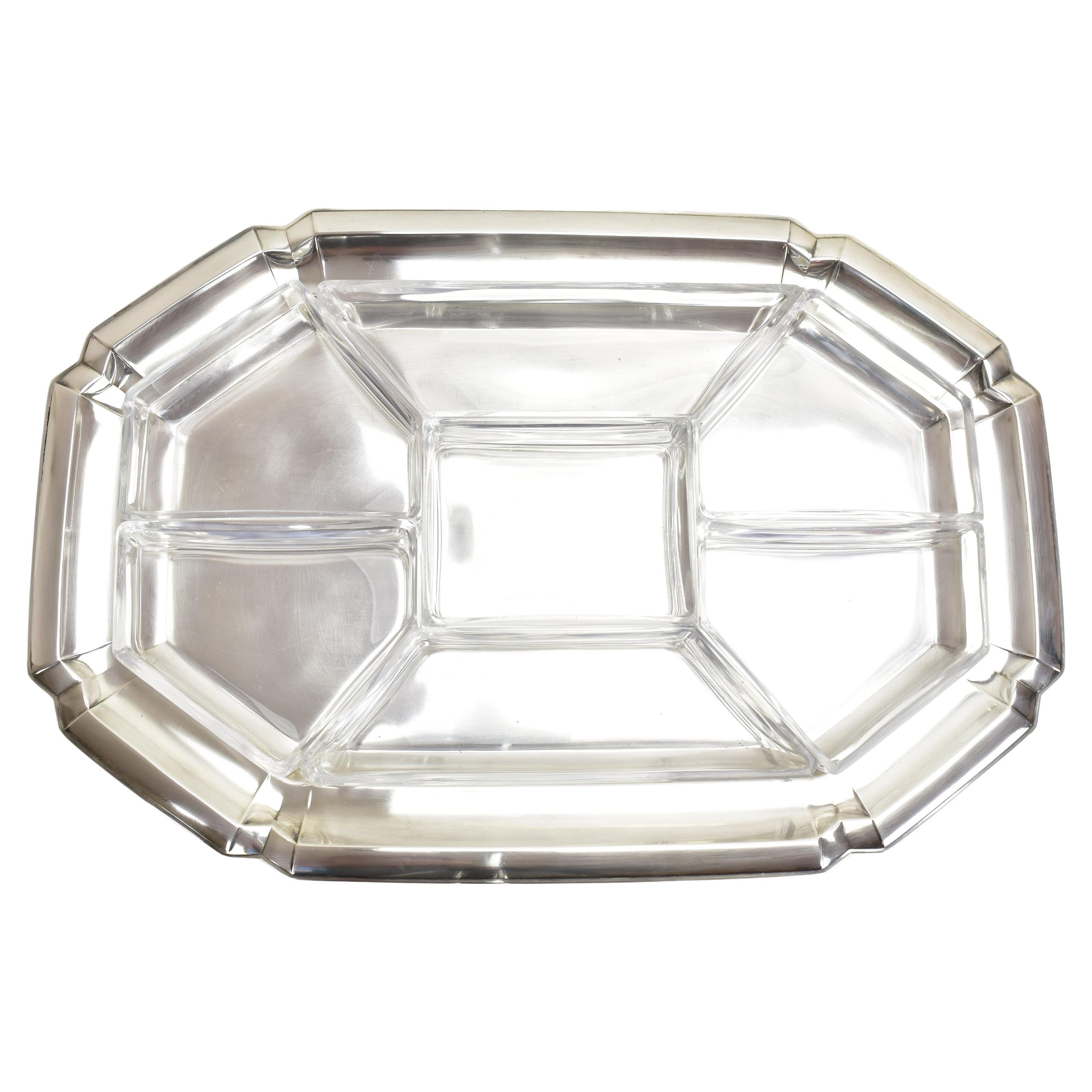 Large Art Deco Cabaret Bar Snack Tray by Quist Silverplate & Cut Crystal Liners For Sale