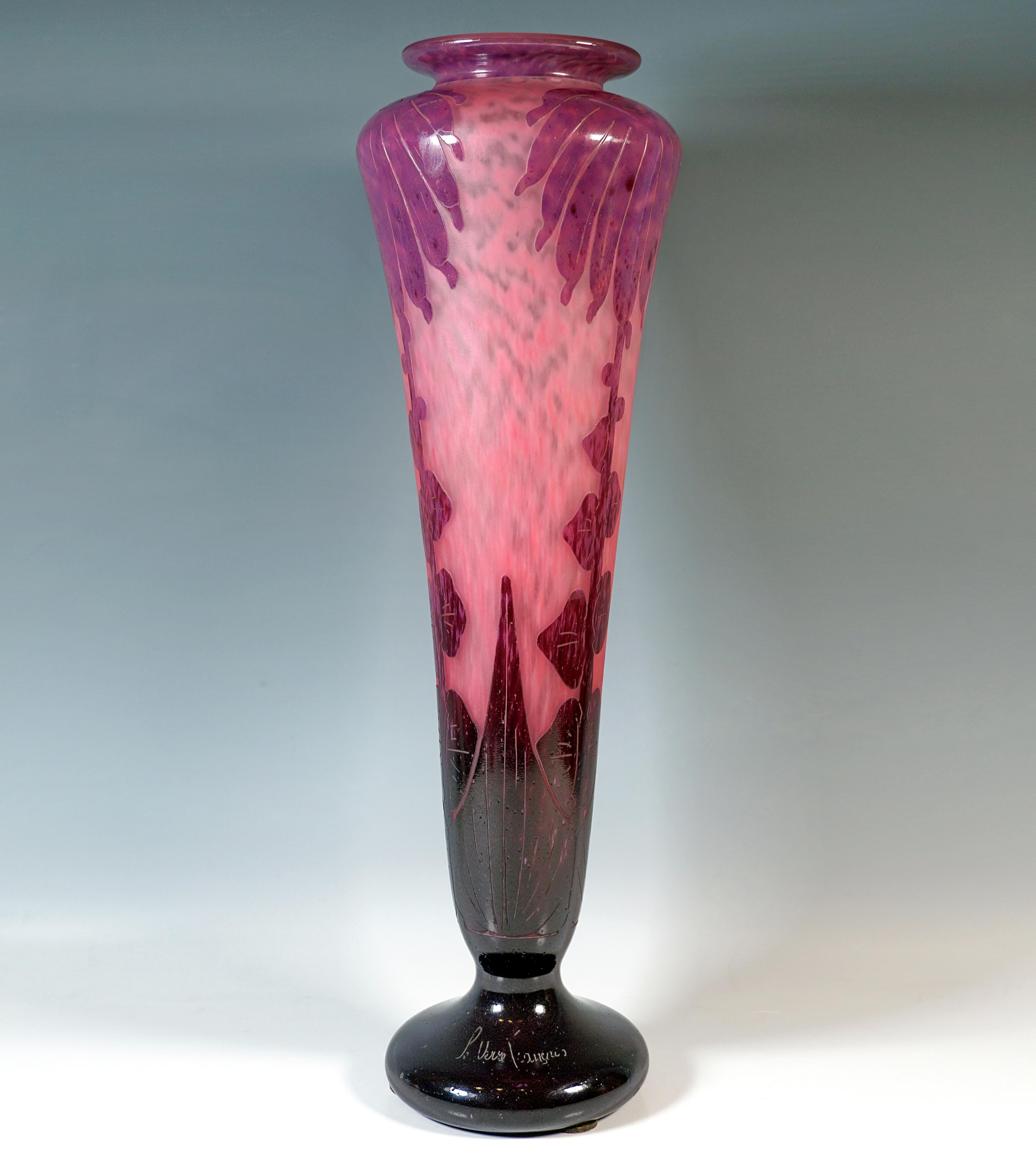 Excellent large trumpet-shaped baluster vase on a round, stepped base, widening upwards in a long conical chalice shape above the constriction, then forming flat shoulders, with a wide neck constriction and flared rim, colourless glass with flaky