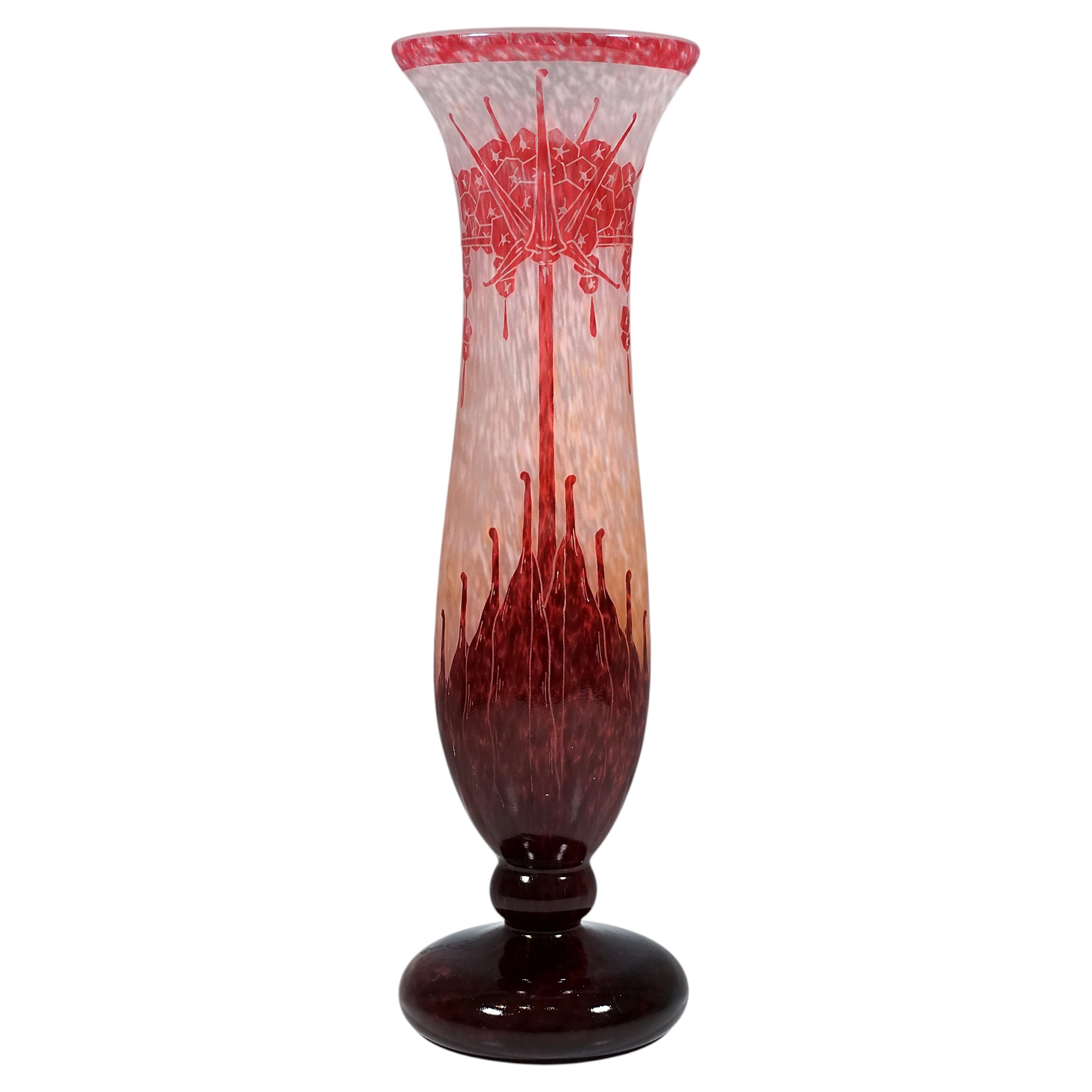 Gran jarrón art déco con camafeo, rododendros, Charles Schneider, Francia, 1927-1928 en venta