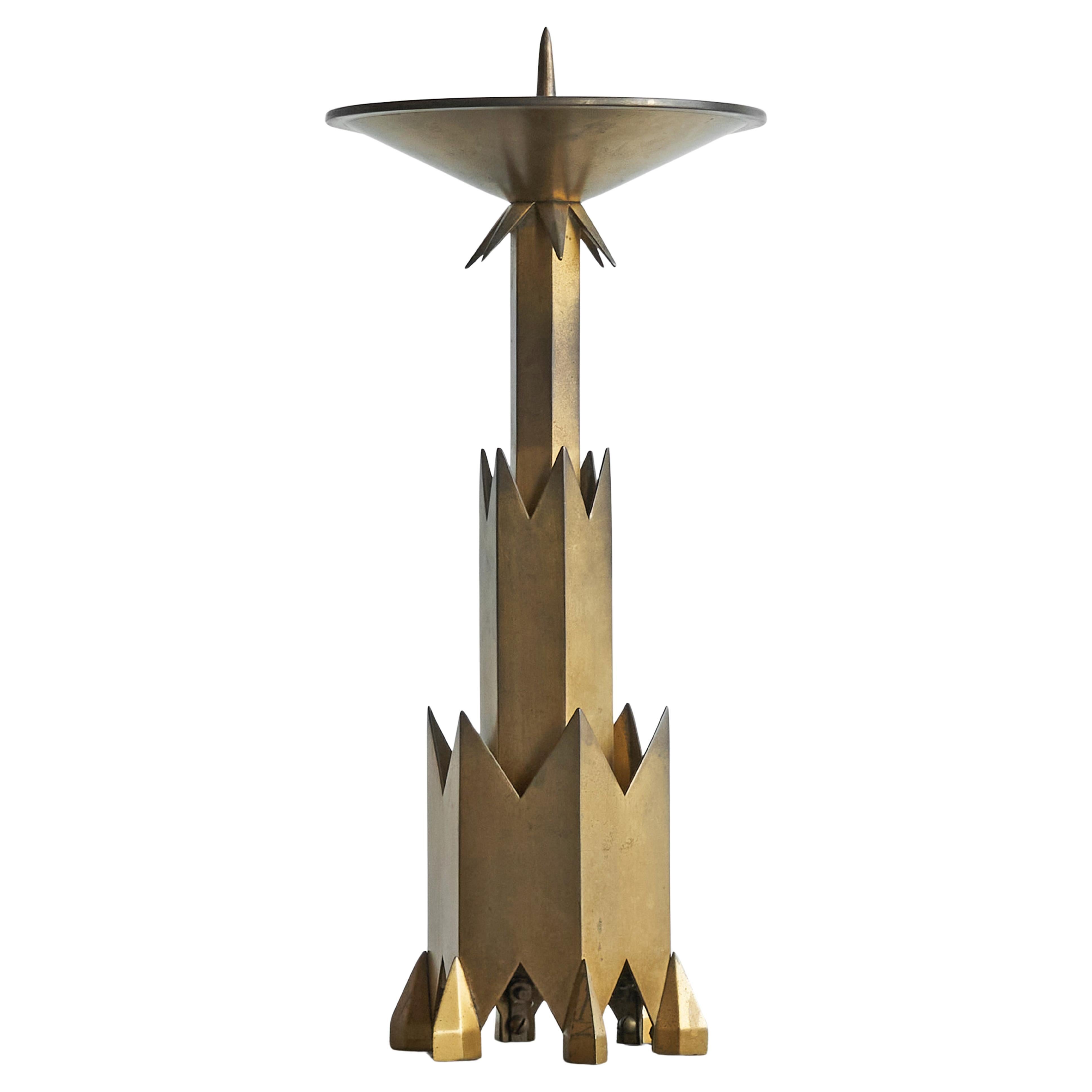 Large Art Deco Candle Holder in Patinated Brass Early 20th Century