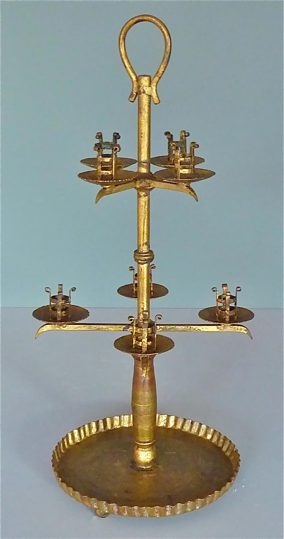 French Large Art Deco Candleholder Light Gilt Wrought Iron Poillerat Style, France 1930