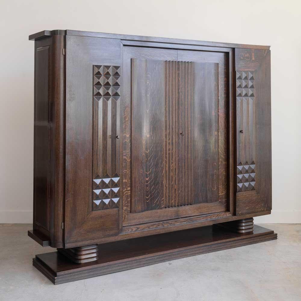 Large Art Deco Carved Wood Cabinet by Charles Dudouyt In Good Condition For Sale In Los Angeles, CA