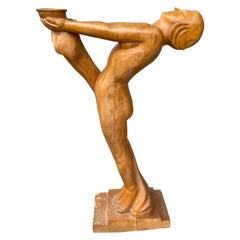 Gran Desnudo Reclinado de Madera Tallada Art Decó, Cabello / Rostro Estilizados