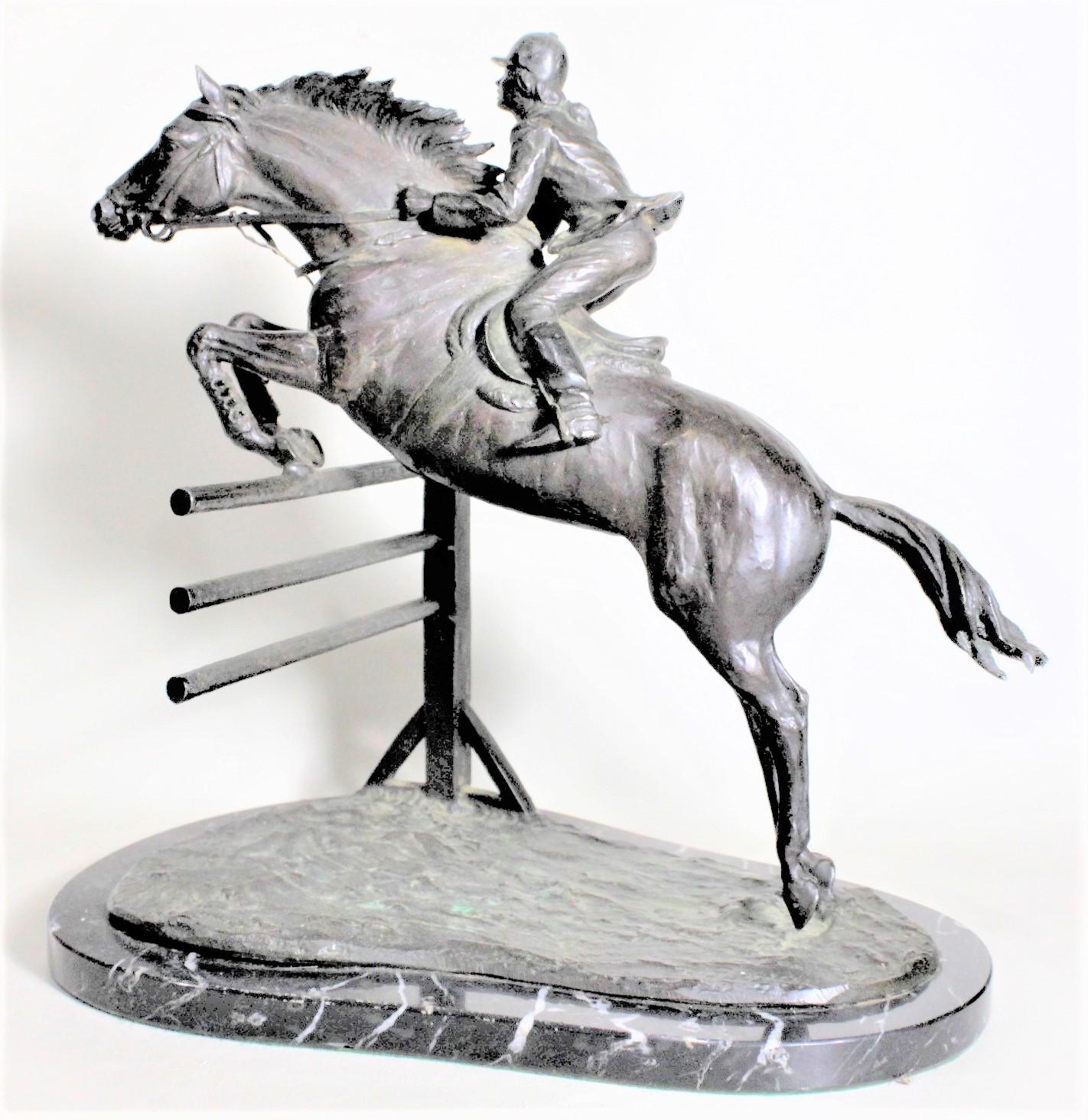 English Large Art Deco Cast Bronze Horse Jumping & Rider or Steeplechase Sculpture