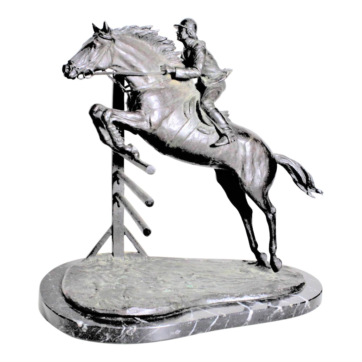 Large Art Deco Cast Bronze Horse Jumping & Rider or Steeplechase Sculpture
