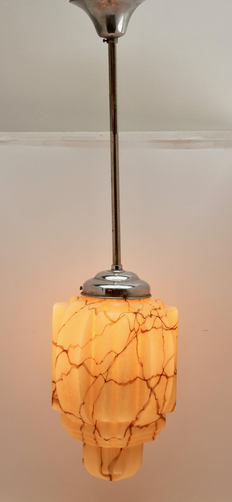 Large Art Deco Ceiling Lamp, Geometric Glass Shade in Caramel and Cappuccino For Sale at 1stdibs